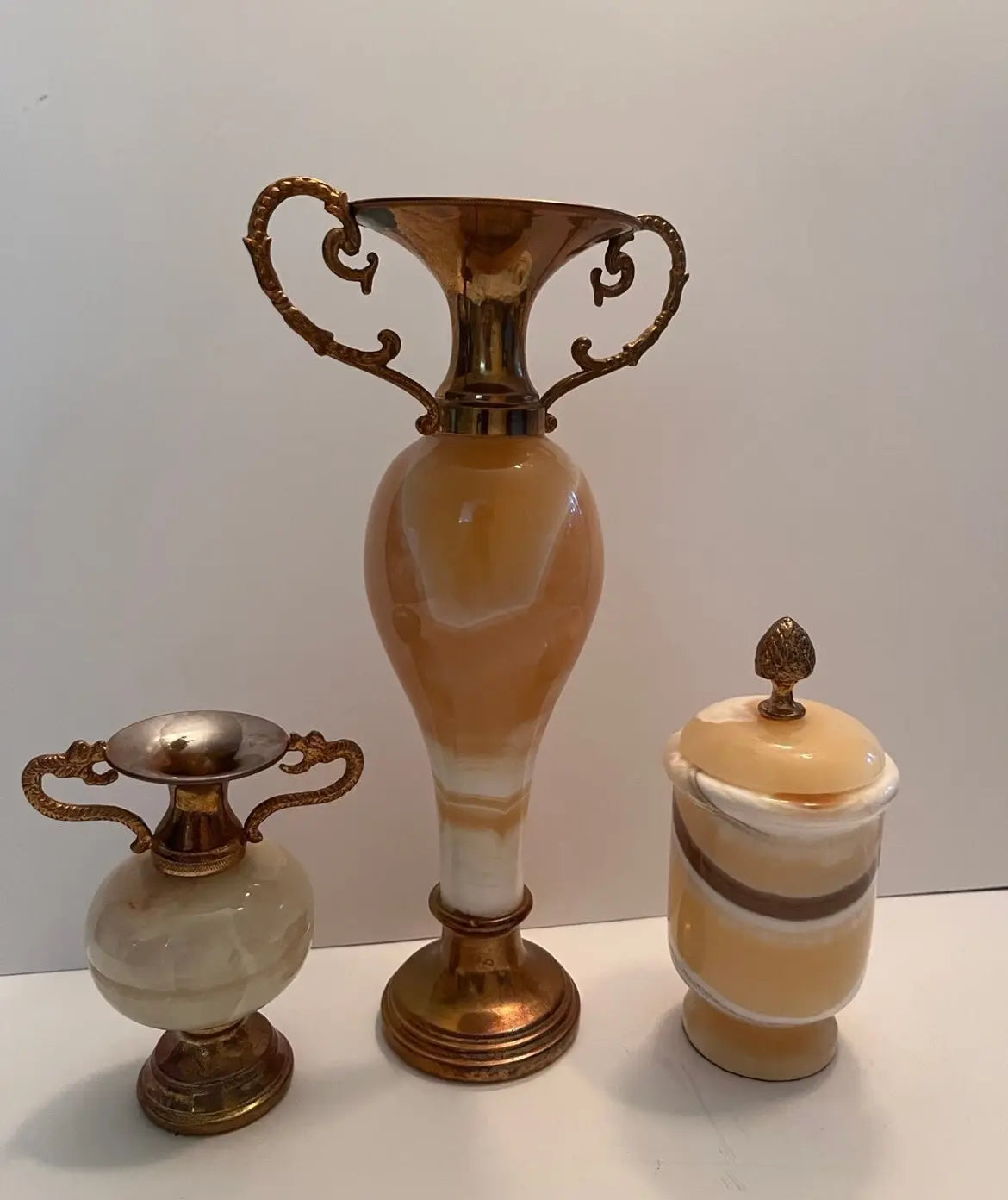 Onyx Marble Stone Brass Amphora Vases & Trinket