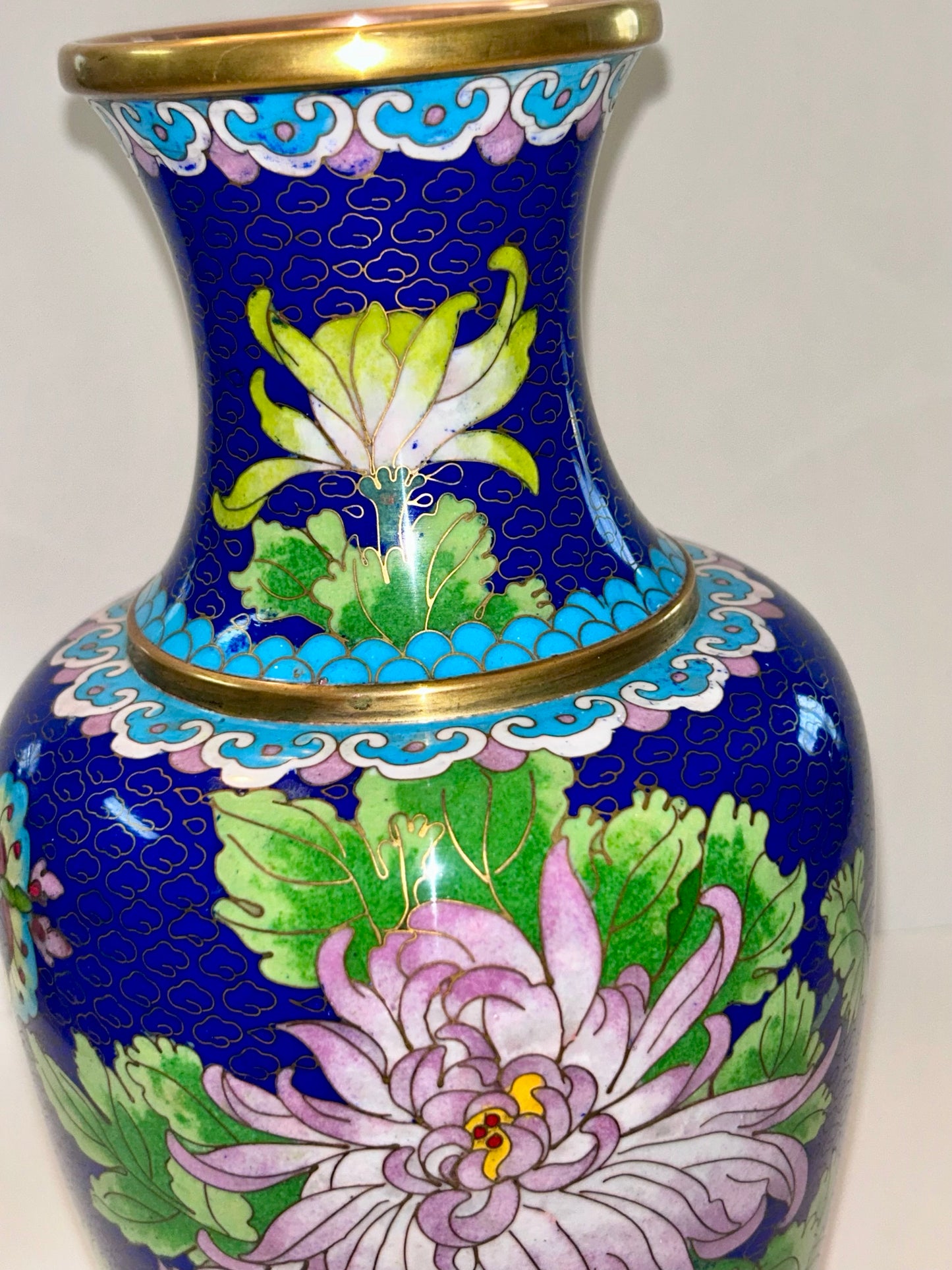 Vintage Cloisonné Over Copper Vase 12" H - Chrysanthemum & Butterfly Design