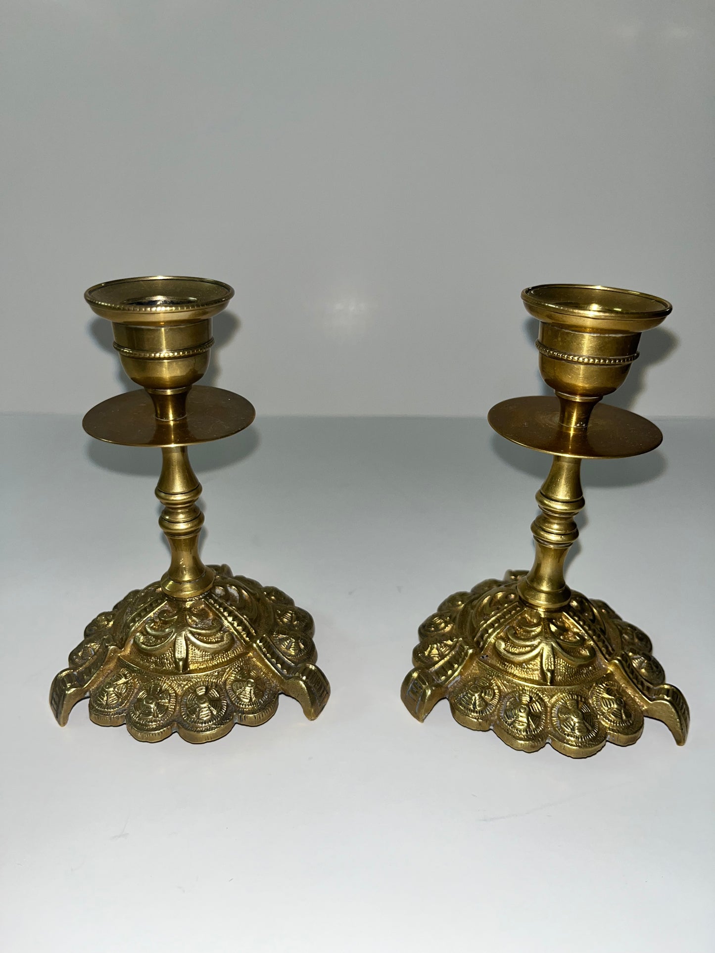 19th Century Ornate Brass Candle Holders - Finest Antique