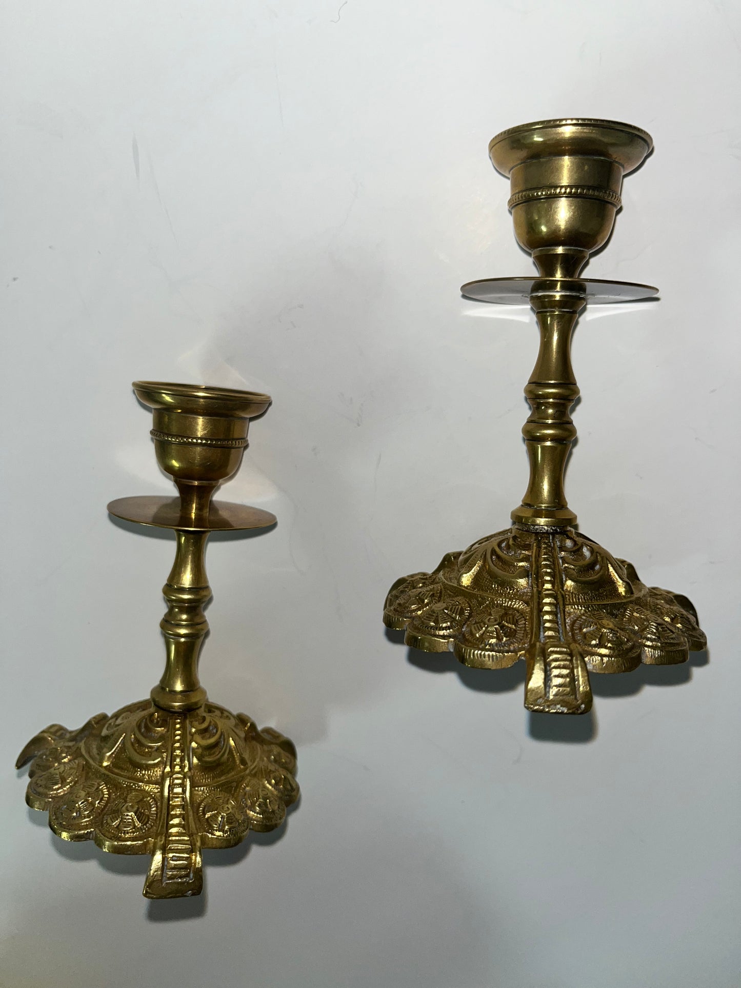 19th Century Ornate Brass Candle Holders - Finest Antique