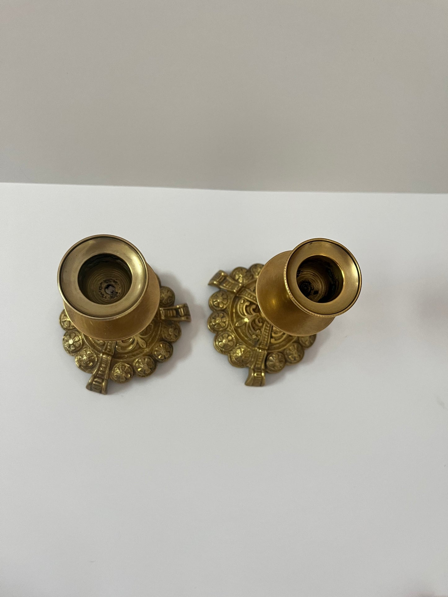 19th Century Ornate Brass Candle Holders - Finest Antique