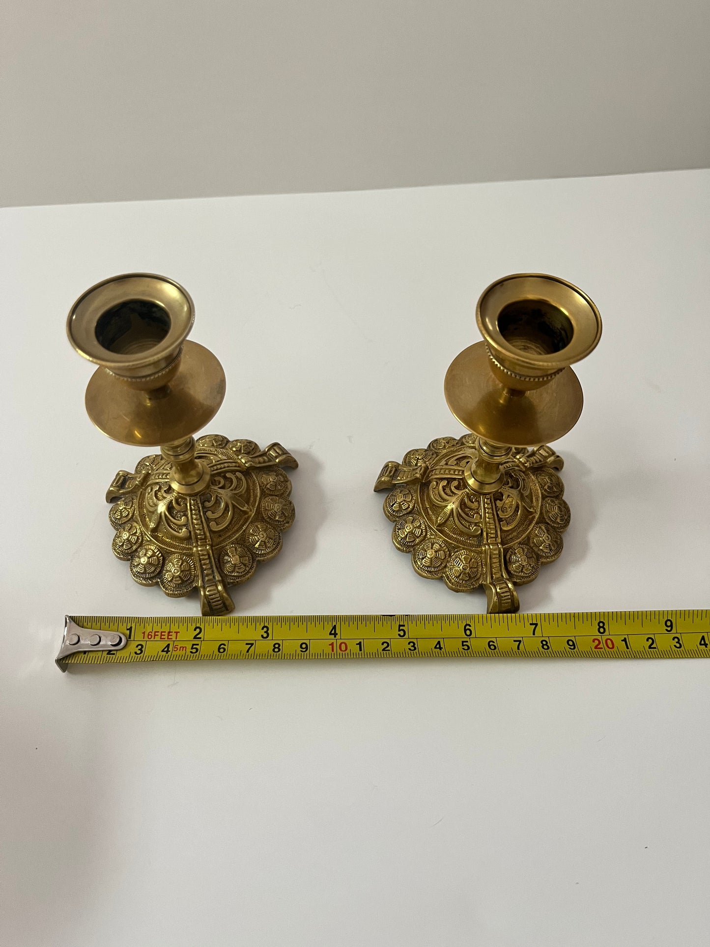 19th Century Ornate Brass Candle Holders - Finest Antique