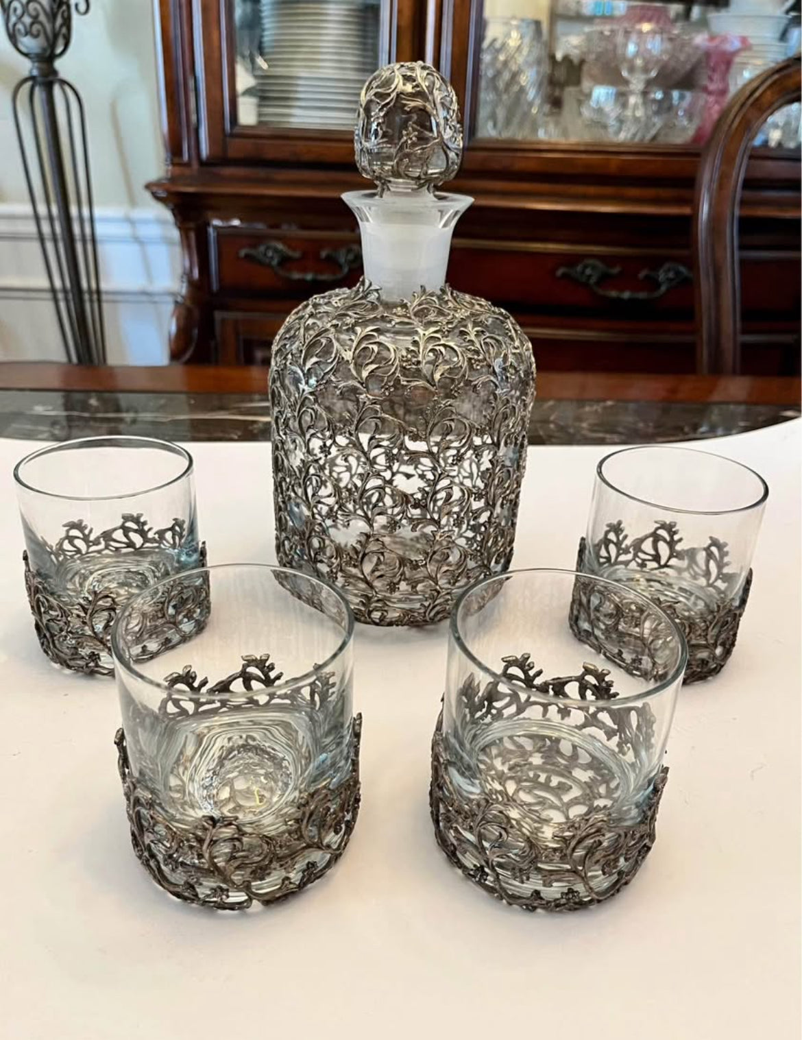 Ornate Silver-Plated Decanter Set with Matching Glasses + Bonus Mid-Century French Basket