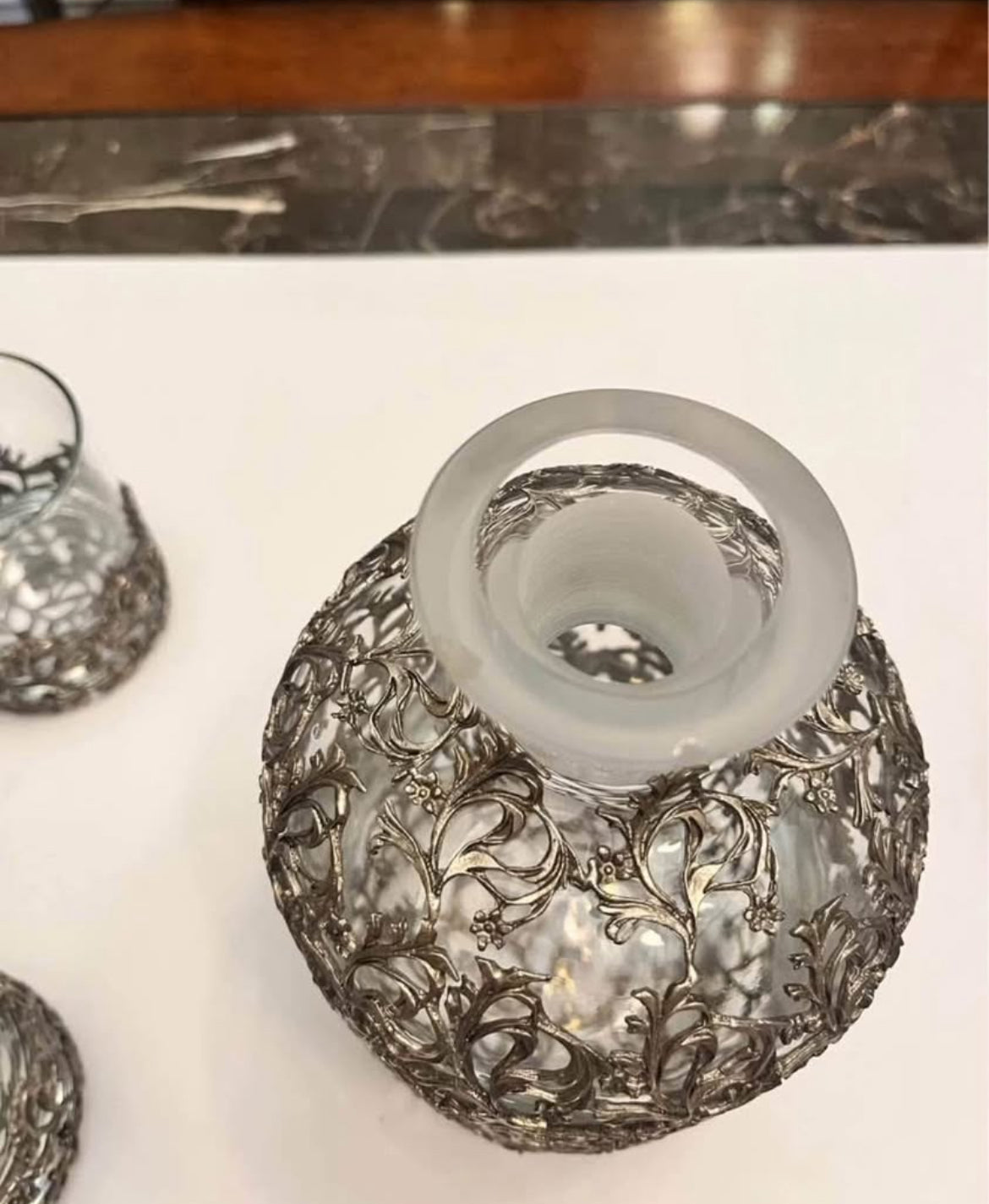 Ornate Silver-Plated Decanter Set with Matching Glasses + Bonus Mid-Century French Basket