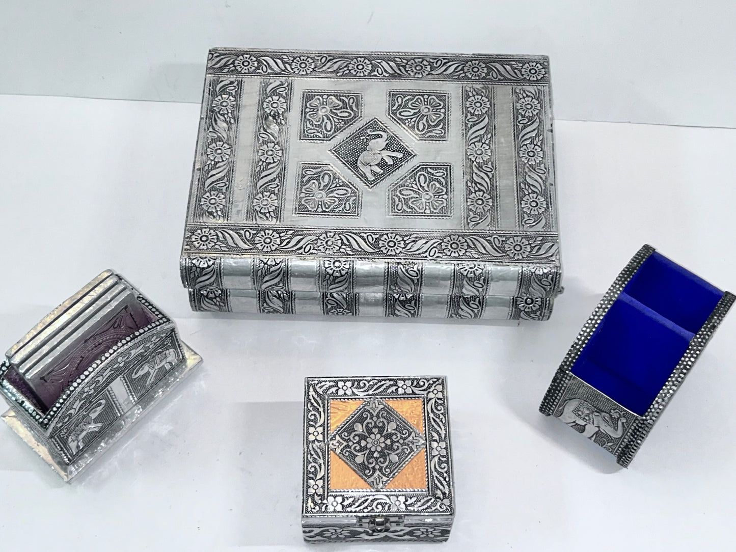 Vintage 4-Piece Handcrafted Embossed Silver Vanity & Jewelry Box Set w/ Coasters