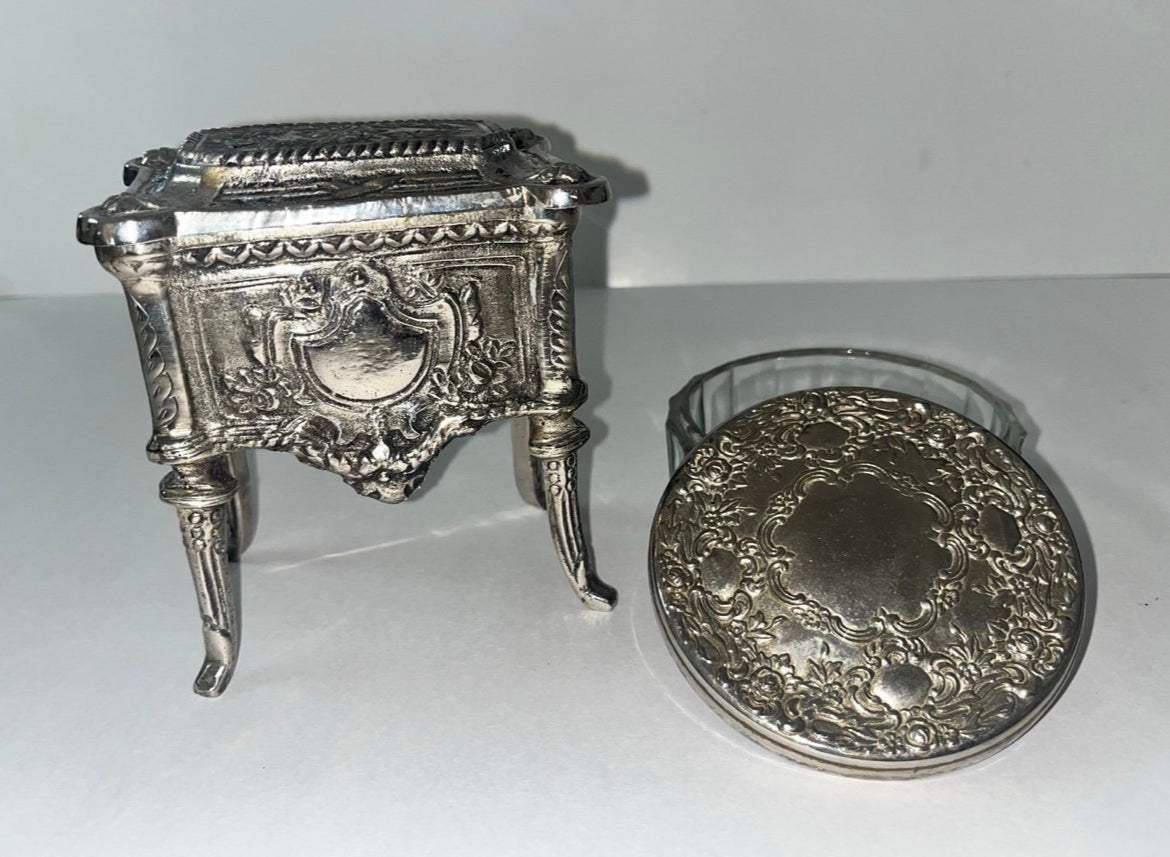 Antique 1910 French Jewelry Box, Footed Chest & Trinket Jar Lid