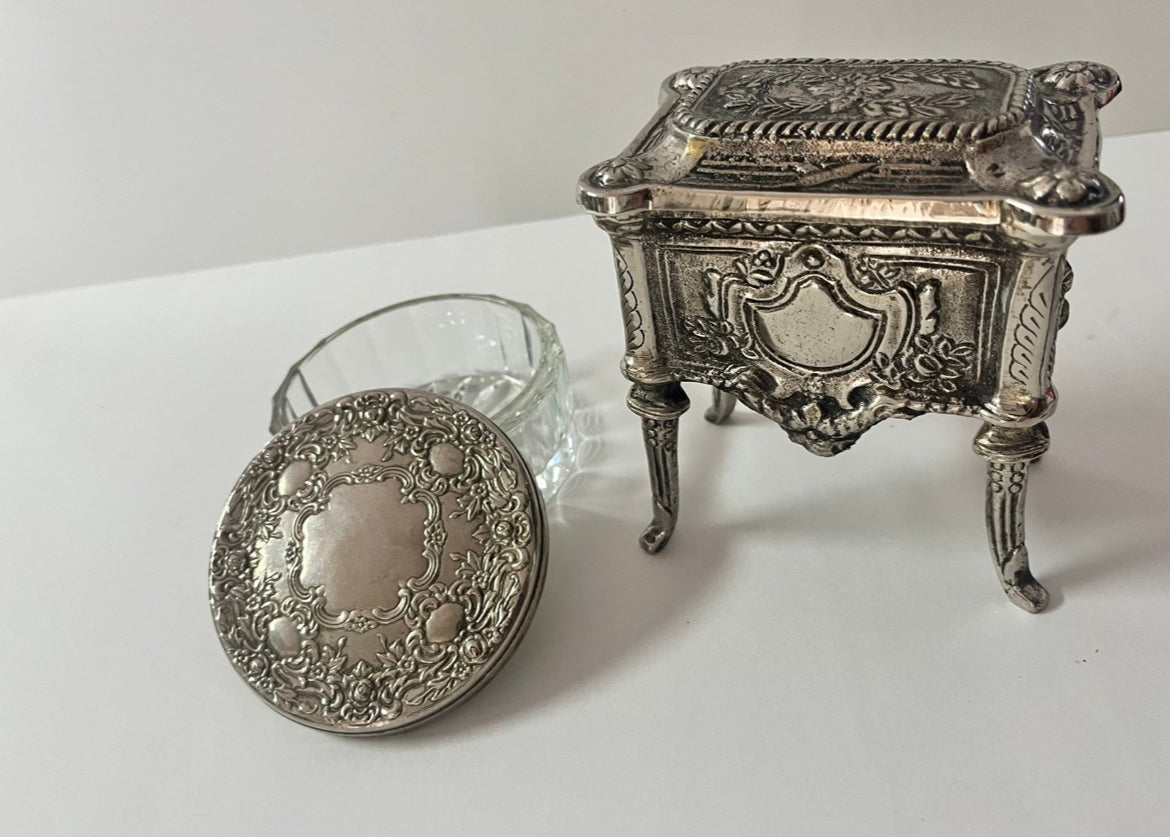 Antique 1910 French Jewelry Box, Footed Chest & Trinket Jar Lid