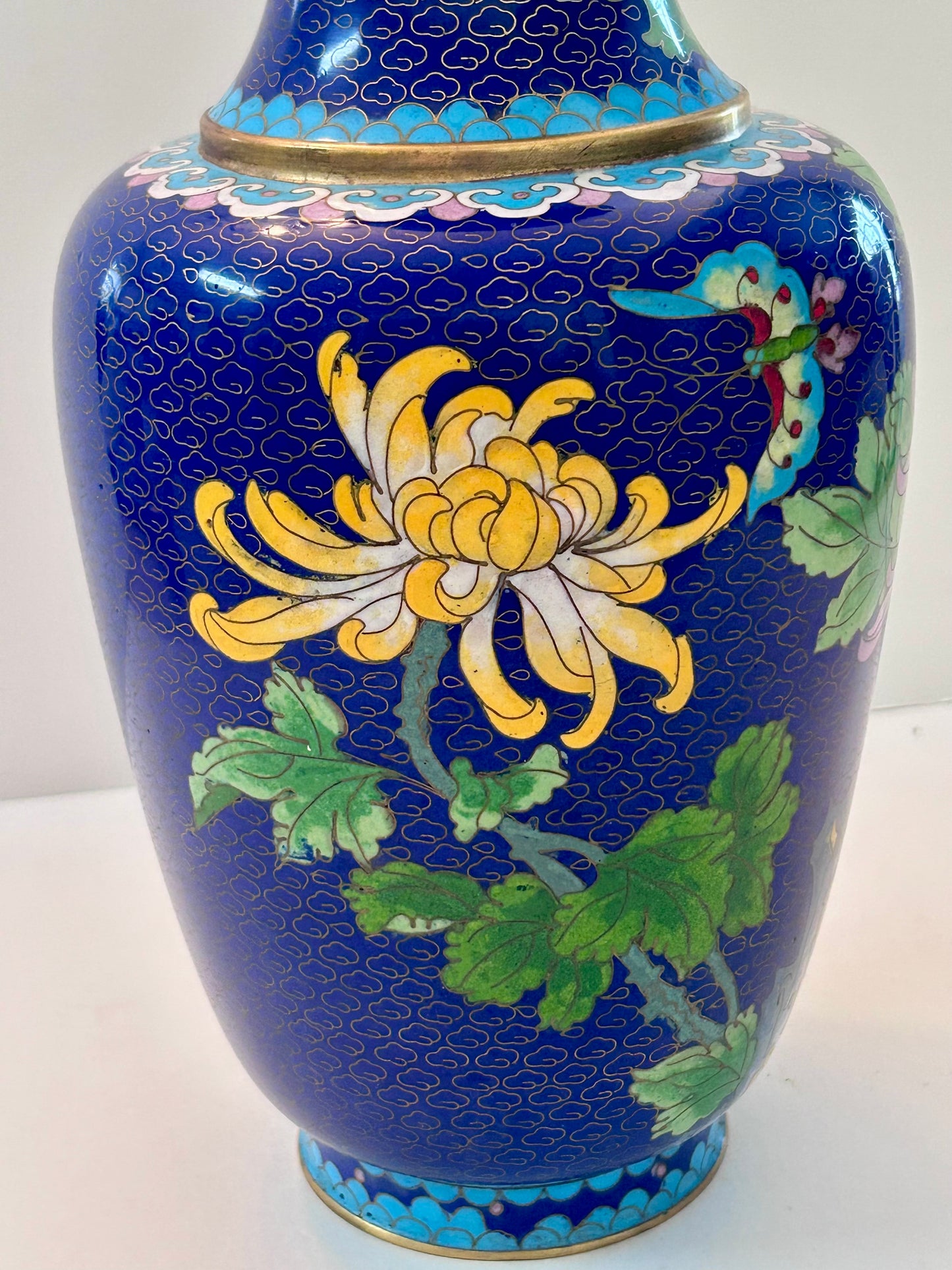Vintage Cloisonné Over Copper Vase 12" H - Chrysanthemum & Butterfly Design