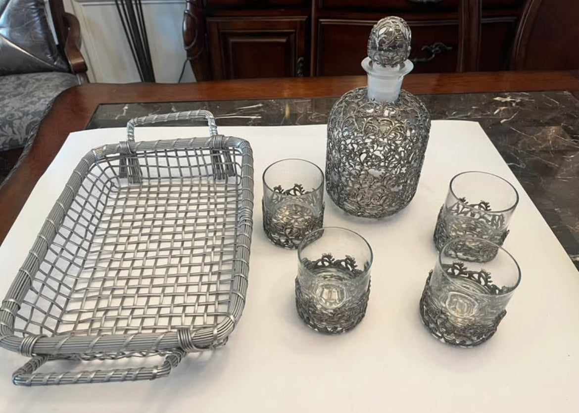 Ornate Silver-Plated Decanter Set with Matching Glasses + Bonus Mid-Century French Basket