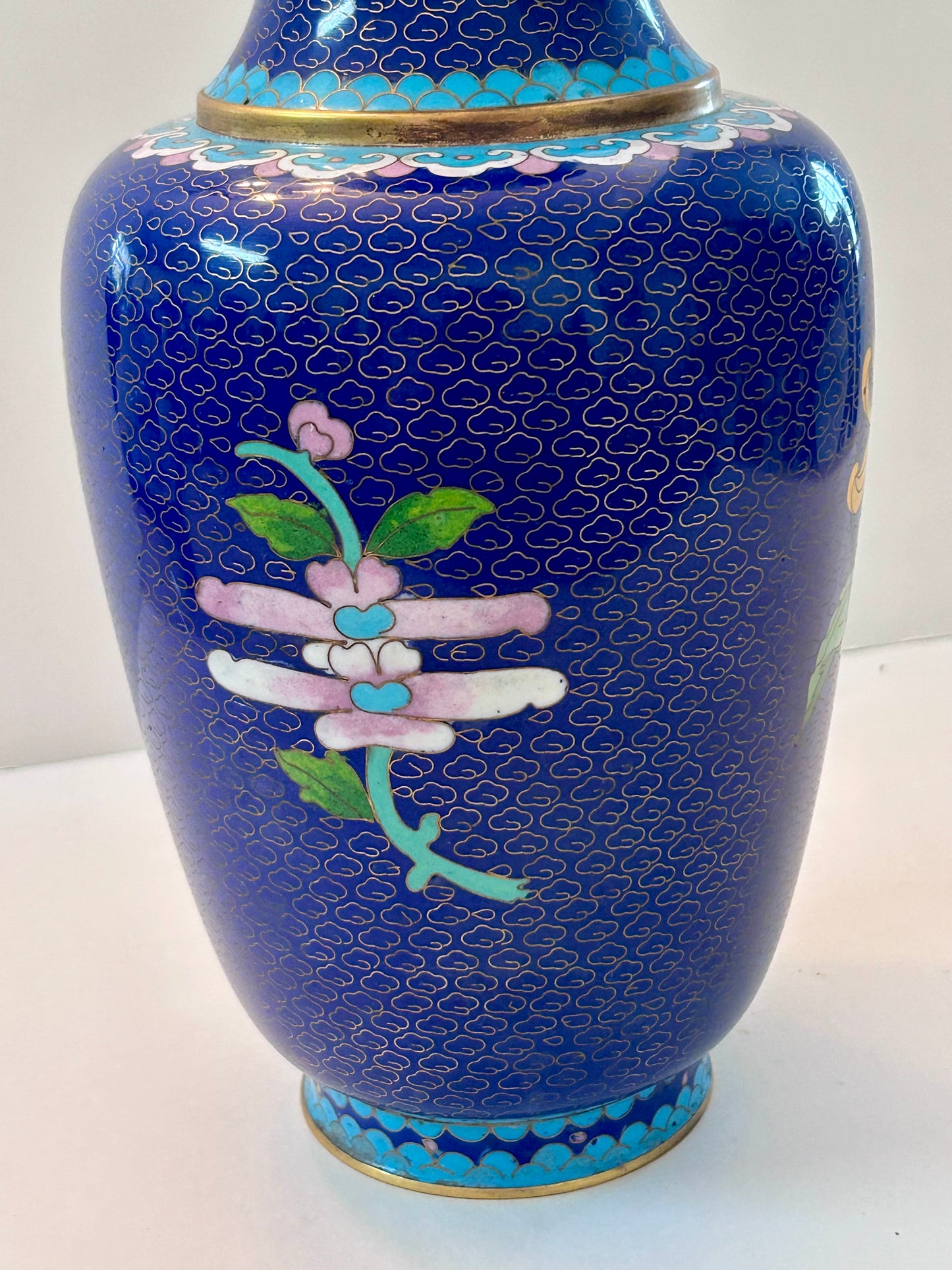 Vintage Cloisonné Over Copper Vase 12" H - Chrysanthemum & Butterfly Design