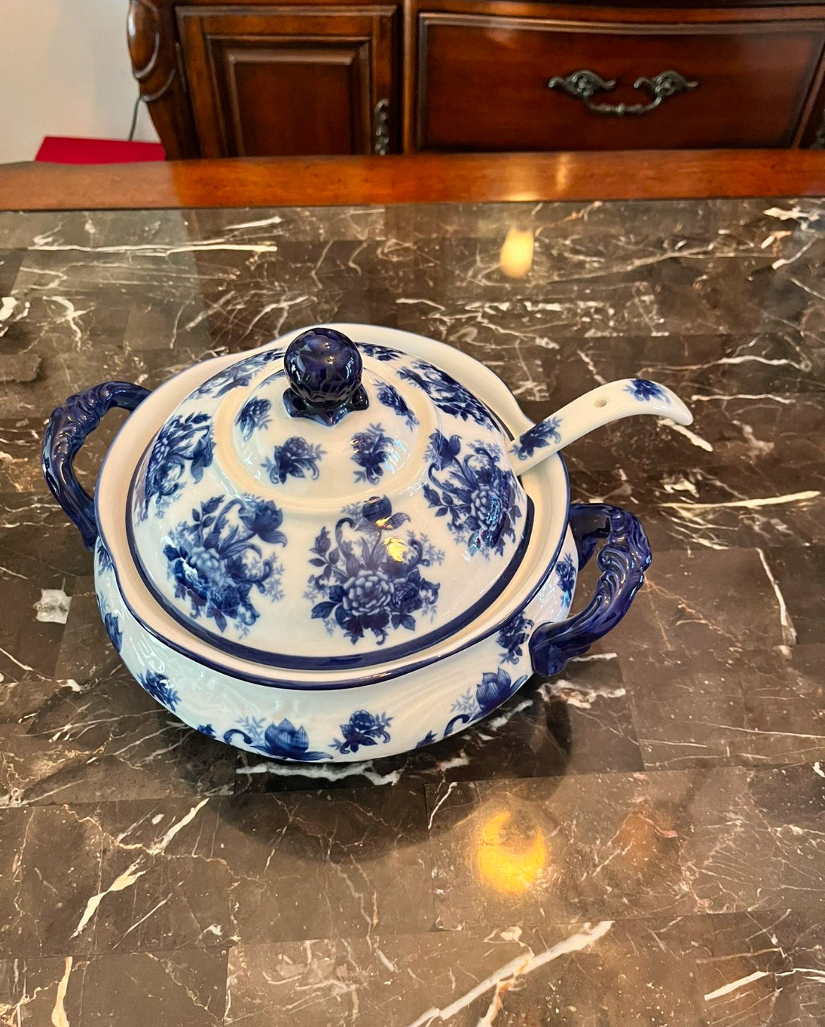 Vintage Cracker Barrel Chinoiserie Soup Tureen with Lid & Ladle