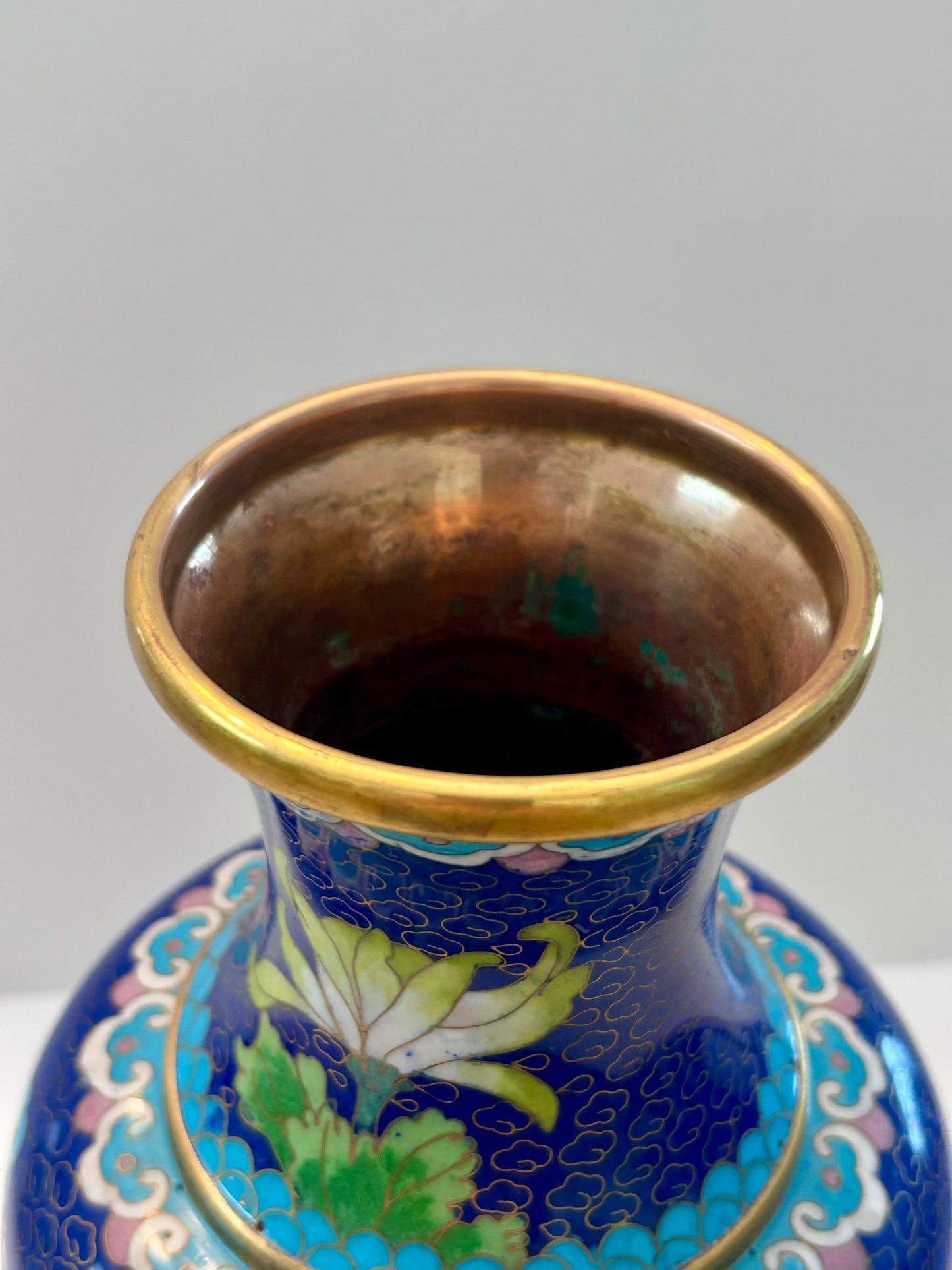 Vintage Cloisonné Over Copper Vase 12" H - Chrysanthemum & Butterfly Design