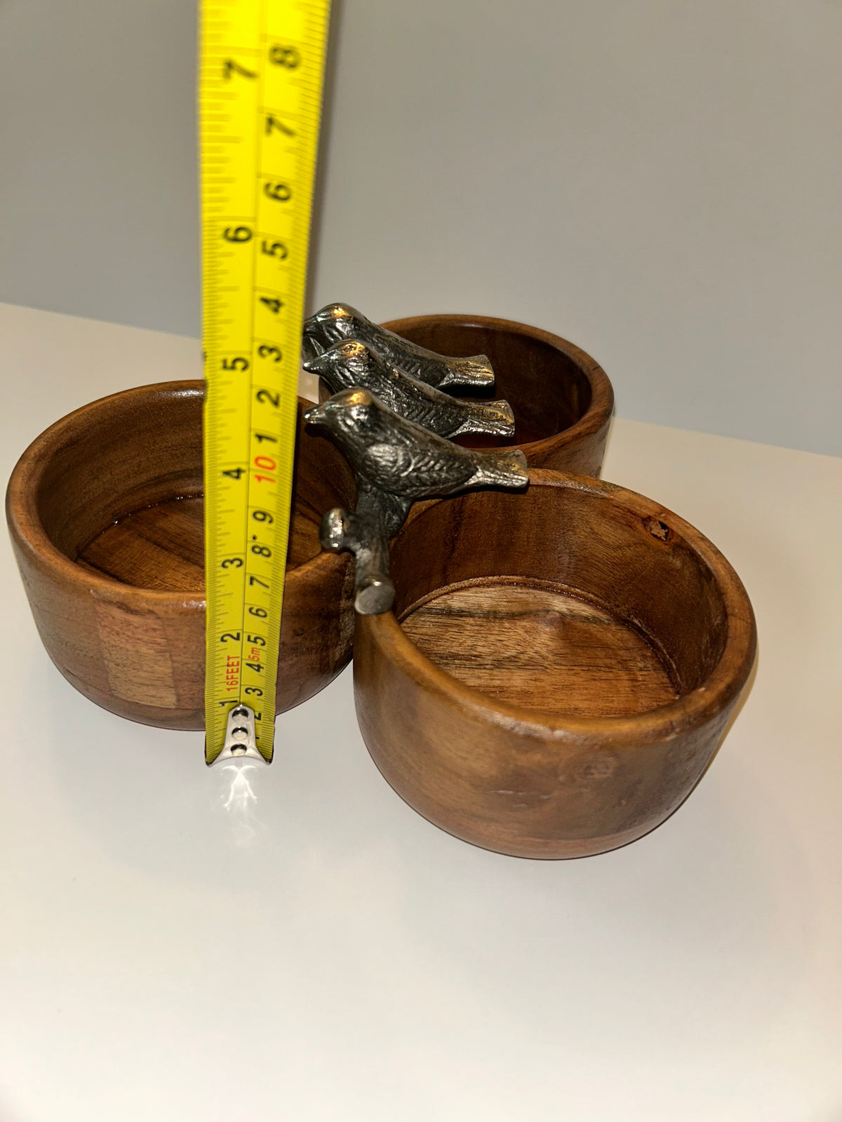 Charming Handcrafted Wooden Condiment Snack Bowls with Pewter Bird Accents