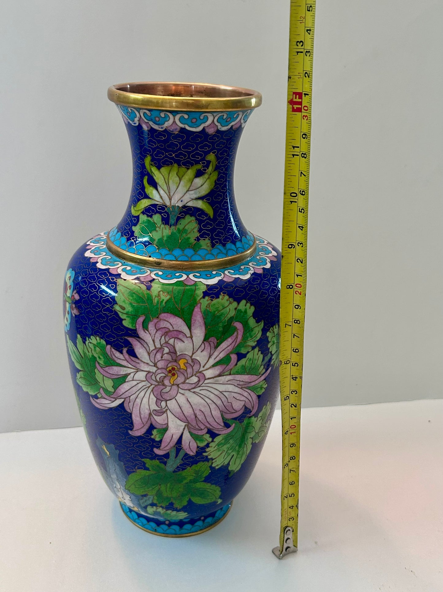 Vintage Cloisonné Over Copper Vase 12" H - Chrysanthemum & Butterfly Design