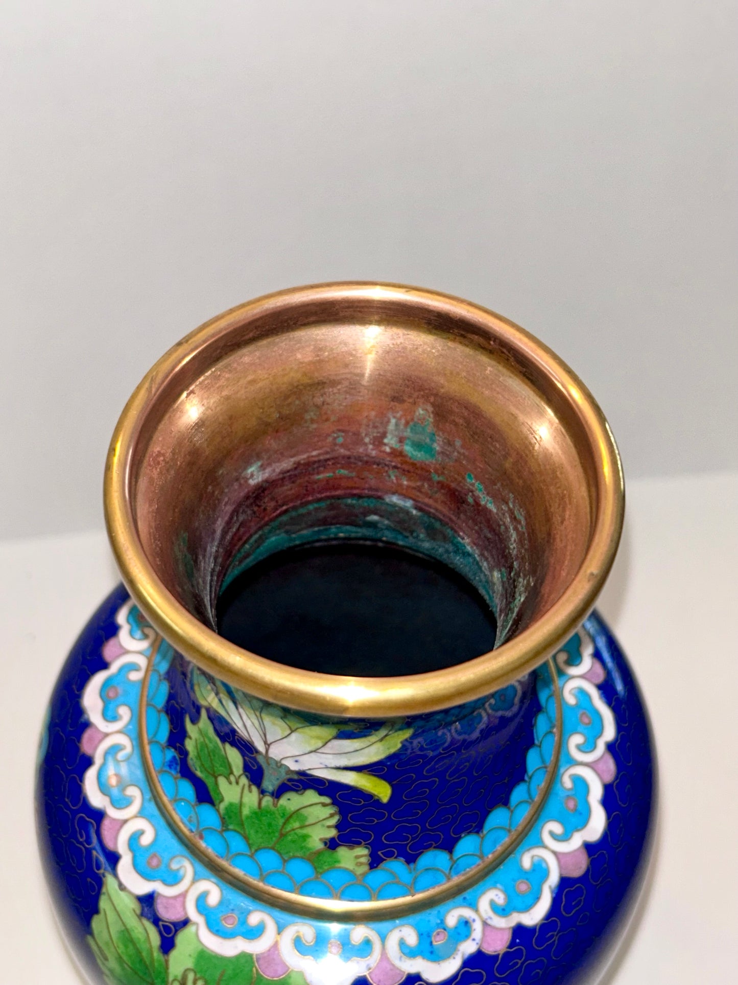 Vintage Cloisonné Over Copper Vase 12" H - Chrysanthemum & Butterfly Design