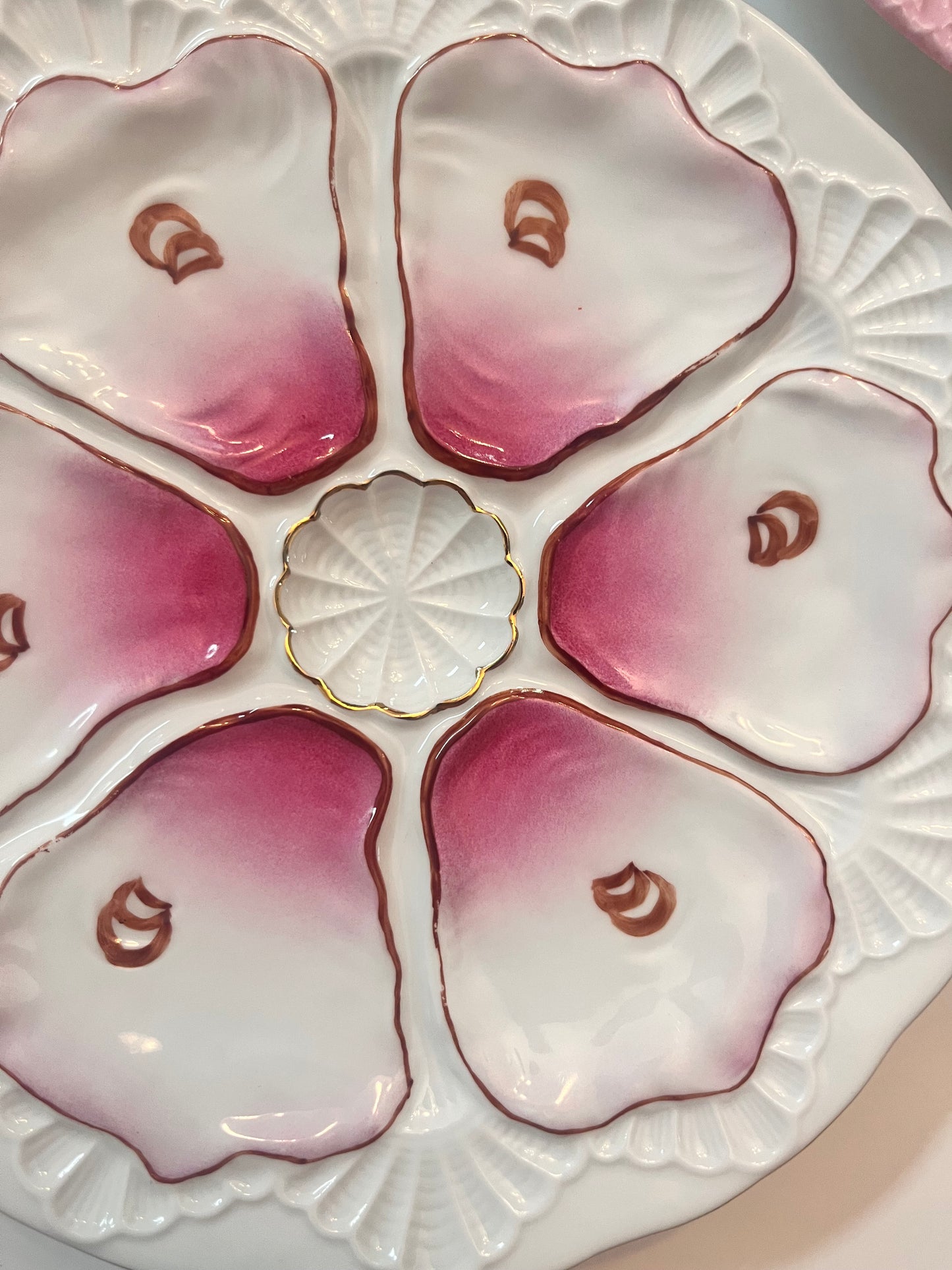 Antique Porcelain 6-Well Oyster Plate with Pink Glaze - Finest Antique