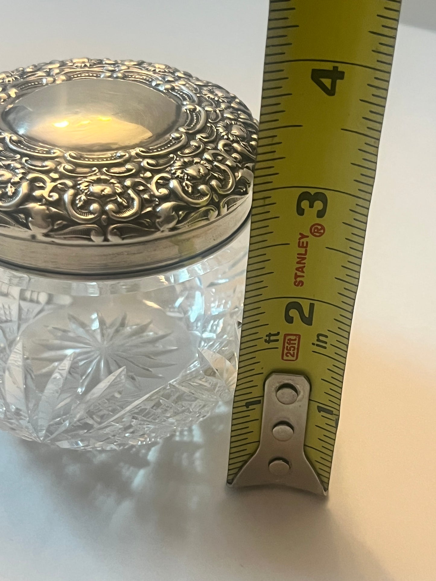 Antique Victorian Vanity Crystal Powder Jar with Sterling Silver Lid - Finest Antique
