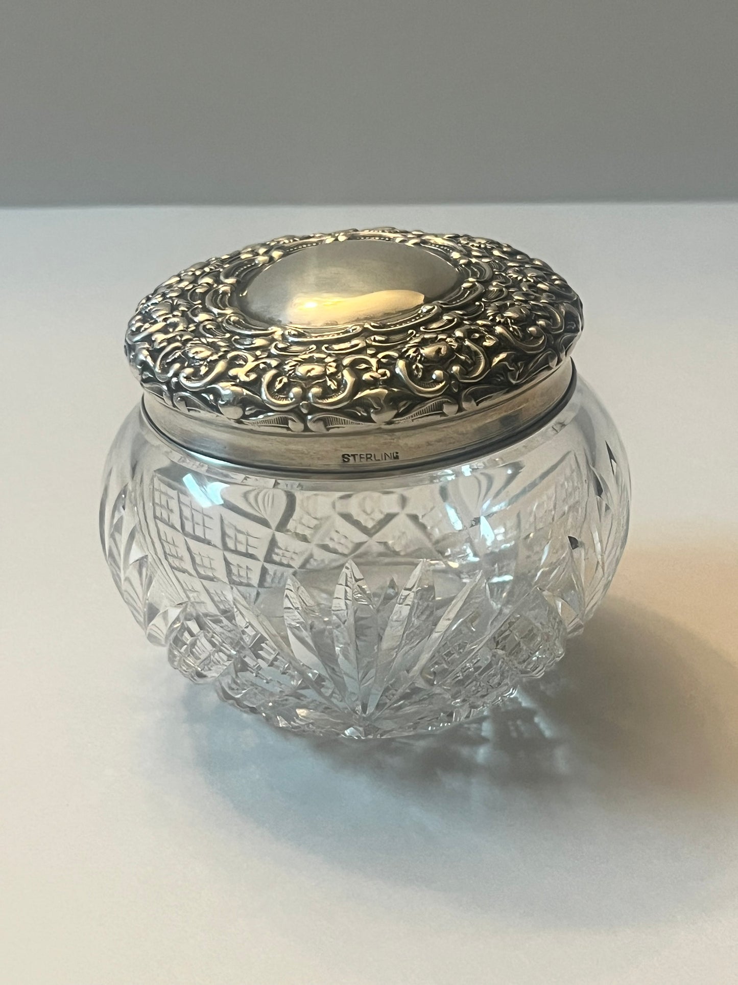 Antique Victorian Vanity Crystal Powder Jar with Sterling Silver Lid - Finest Antique