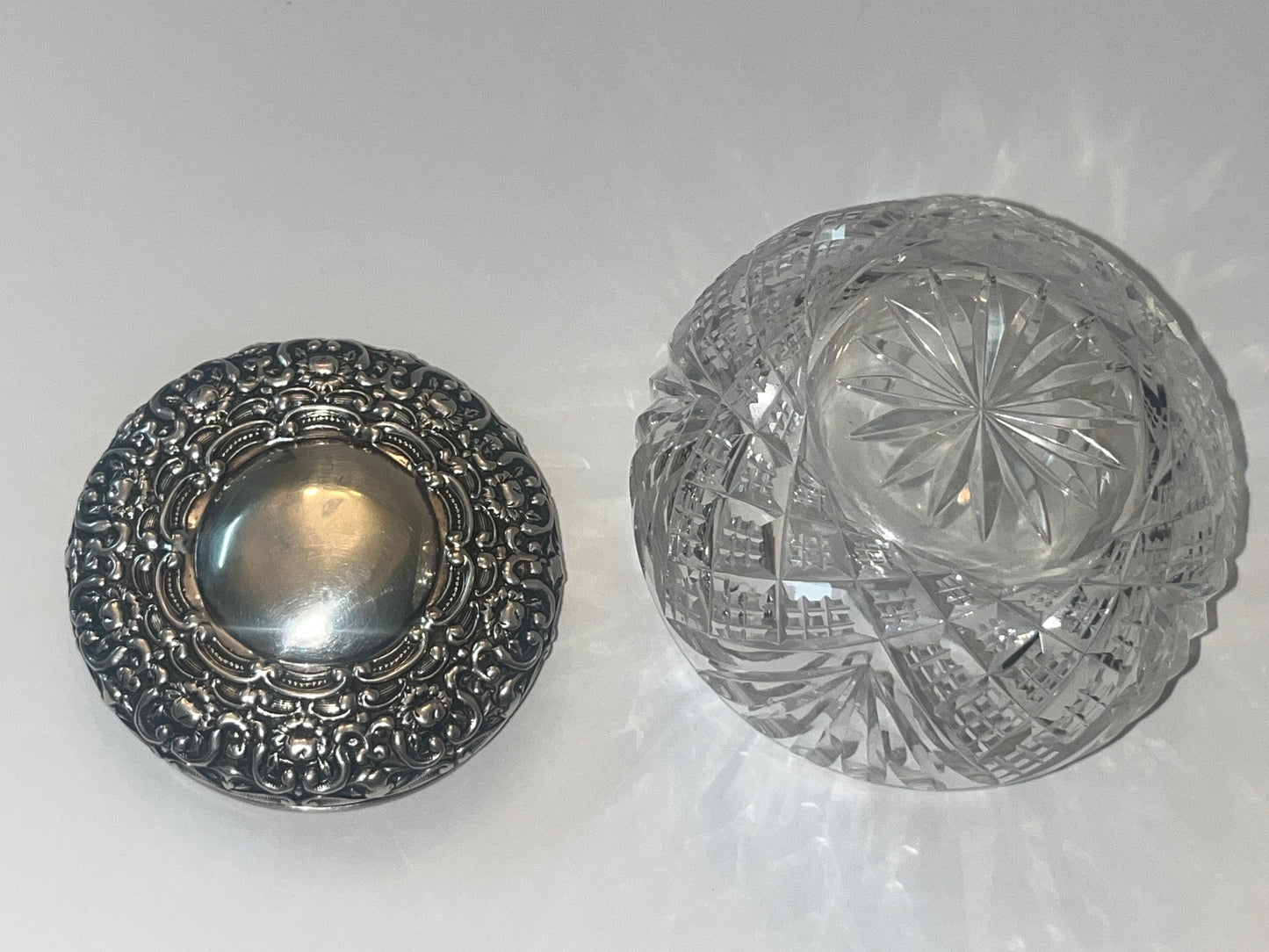 Antique Victorian Vanity Crystal Powder Jar with Sterling Silver Lid - Finest Antique