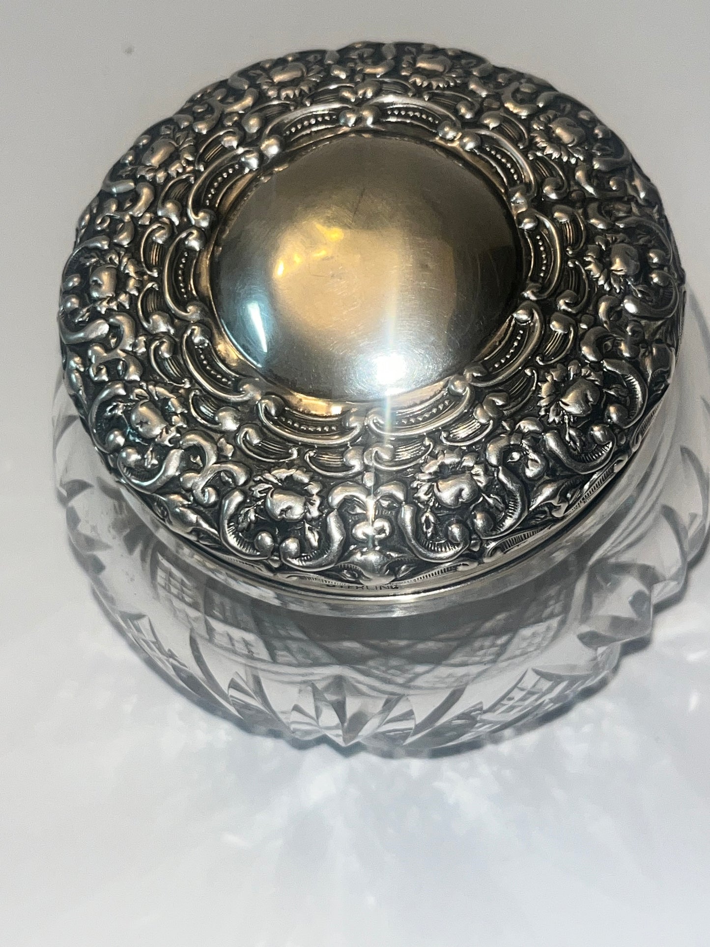 Antique Victorian Vanity Crystal Powder Jar with Sterling Silver Lid - Finest Antique
