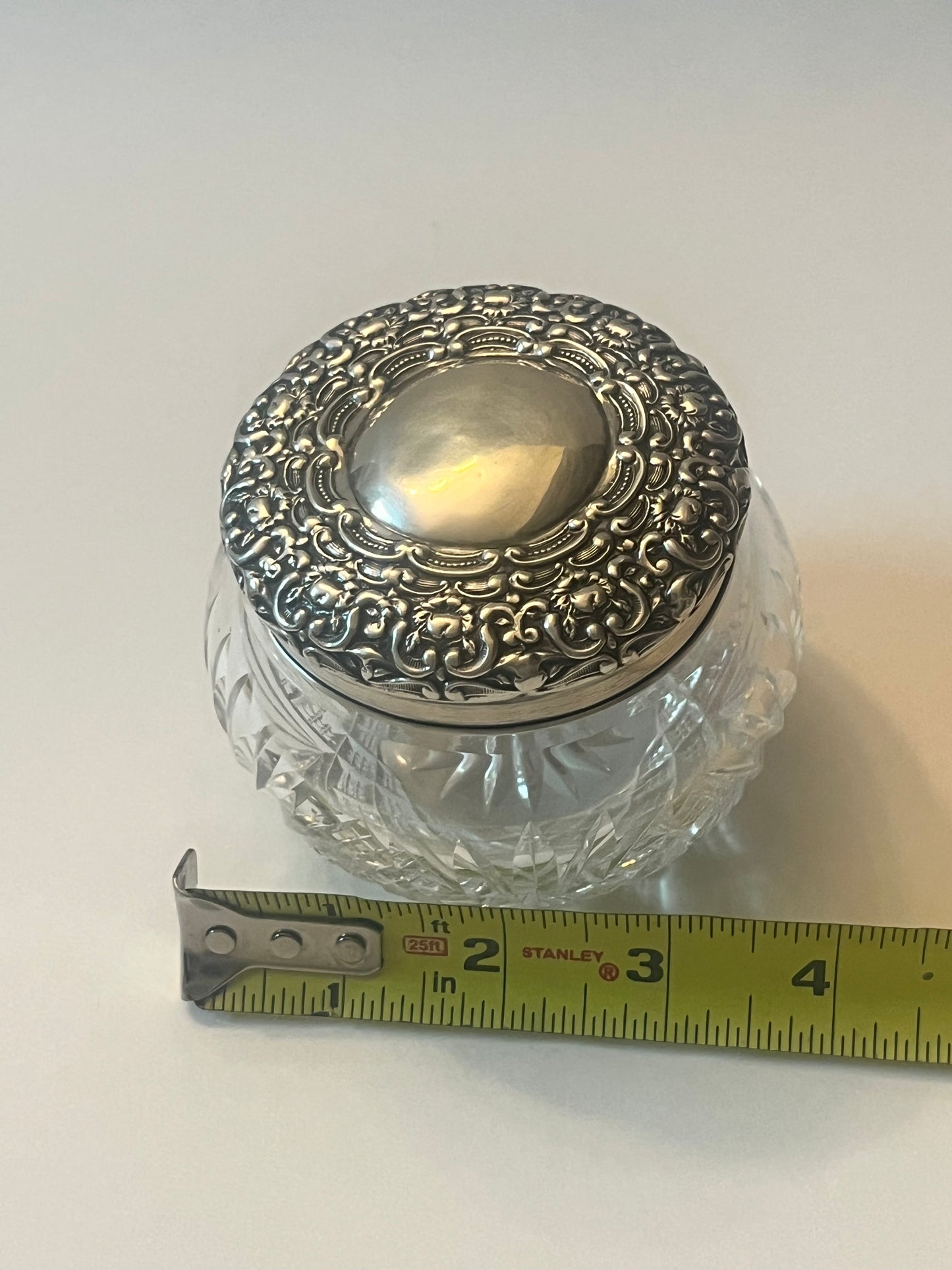 Antique Victorian Vanity Crystal Powder Jar with Sterling Silver Lid - Finest Antique