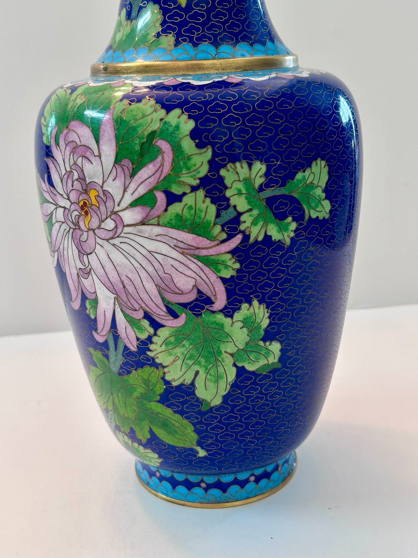 Vintage Cloisonné Over Copper Vase 12" H - Chrysanthemum & Butterfly Design