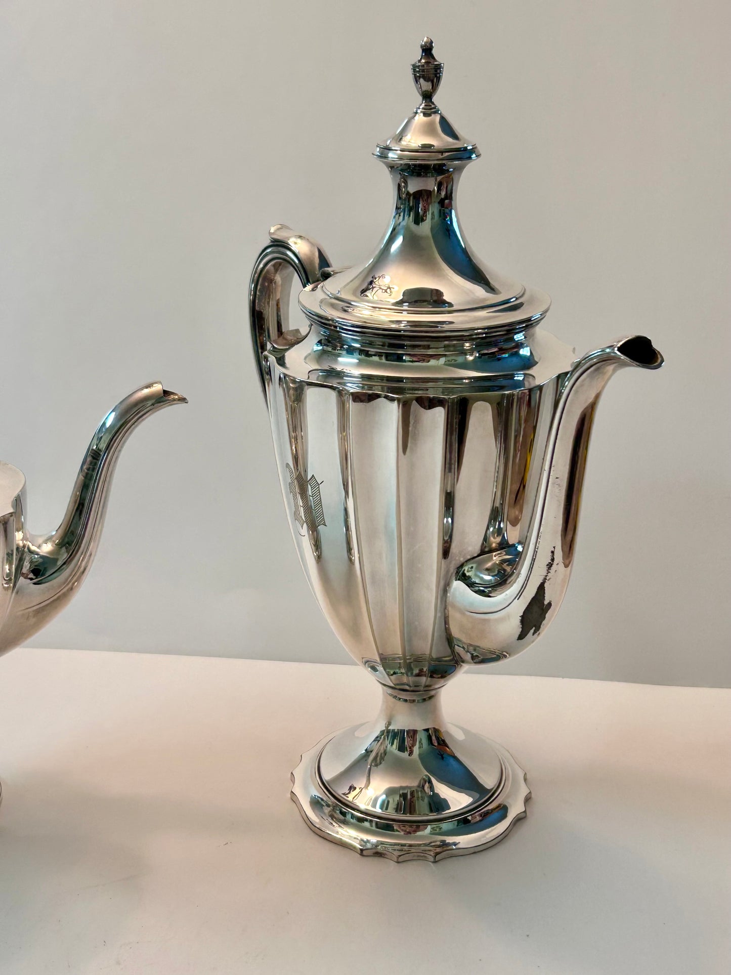 Vintage Chippendale International Silver Co. Pair of Silver-Plated Tea/Coffee Pots Engraved Monogram “M”