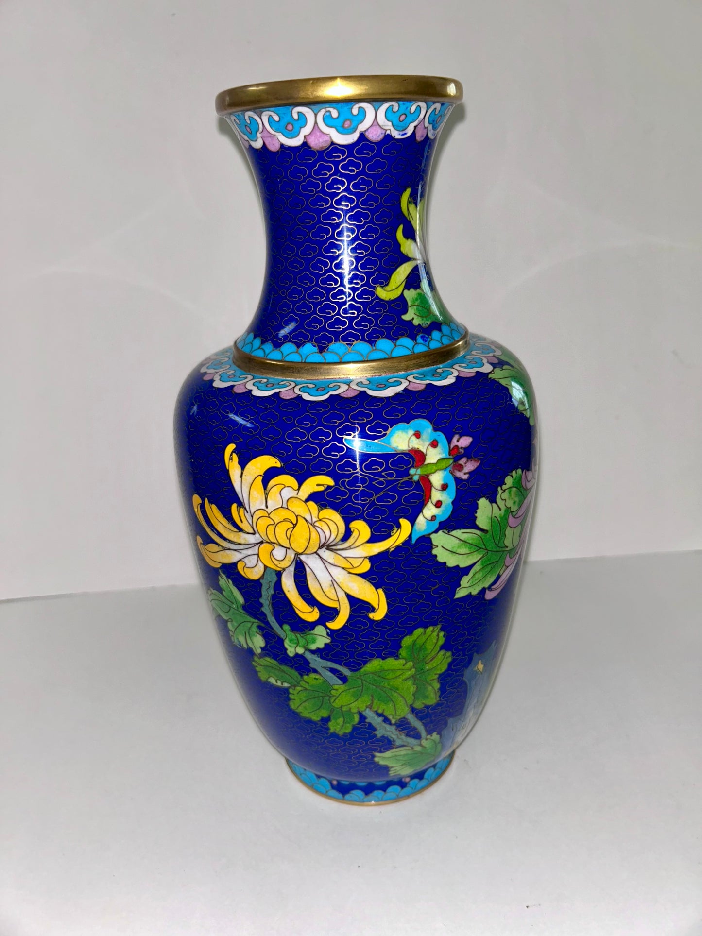 Vintage Cloisonné Over Copper Vase 12" H - Chrysanthemum & Butterfly Design