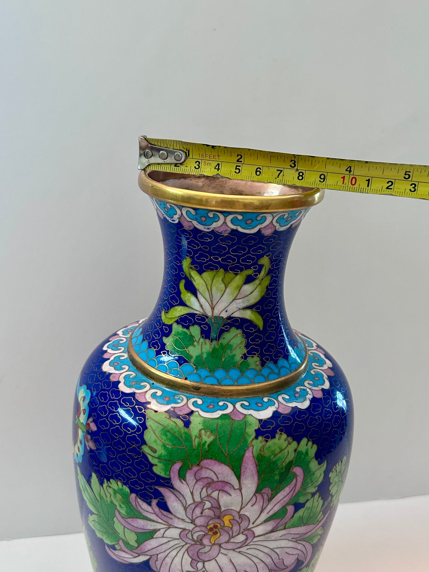 Vintage Cloisonné Over Copper Vase 12" H - Chrysanthemum & Butterfly Design