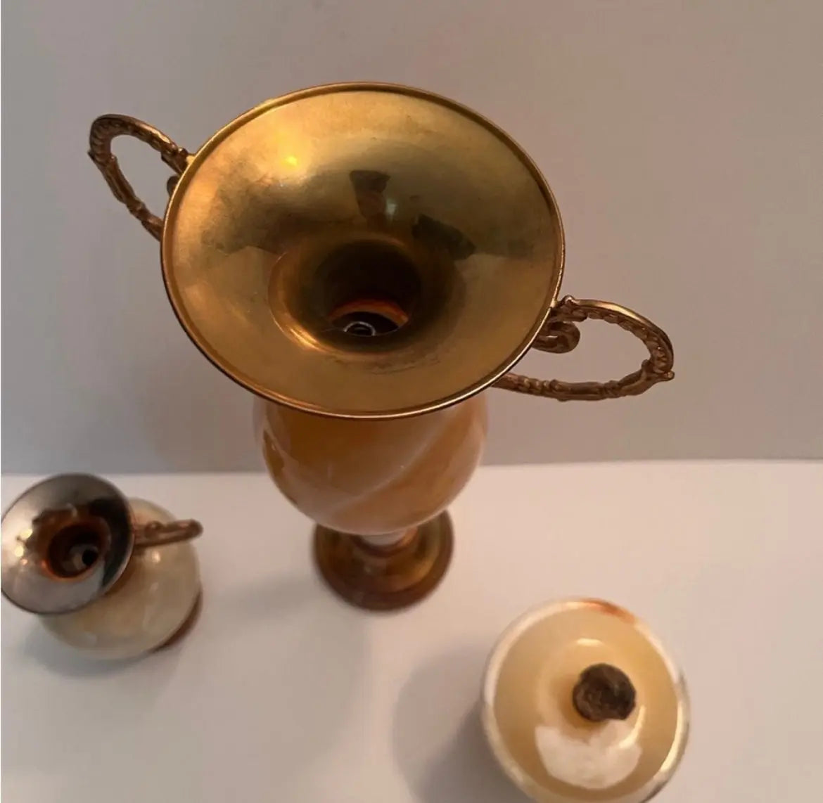 Onyx Marble Stone Brass Amphora Vases & Trinket