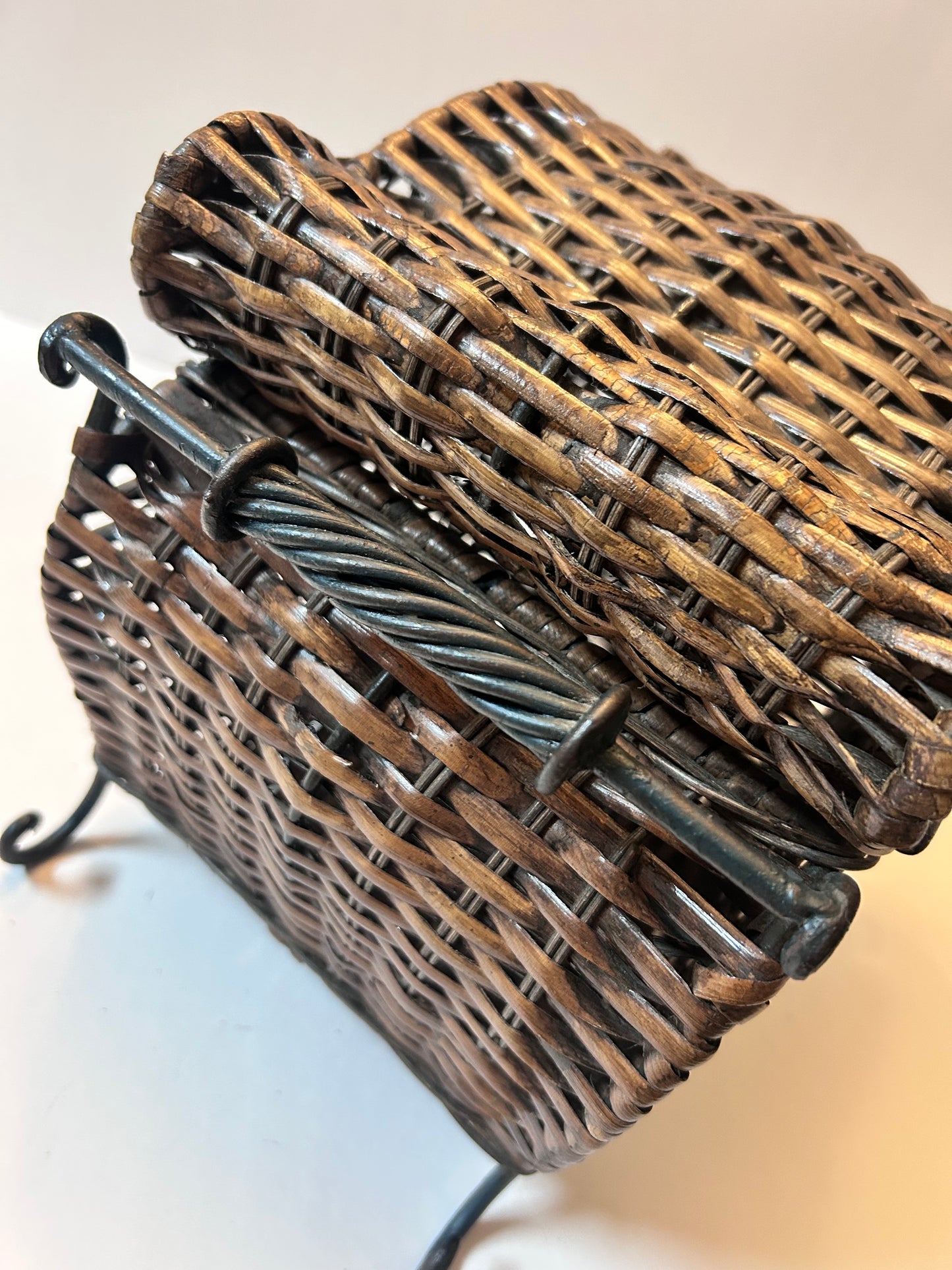Vintage Woven Wicker Chest with Wrought Iron Scroll Feet & Twisted Metal Handles
