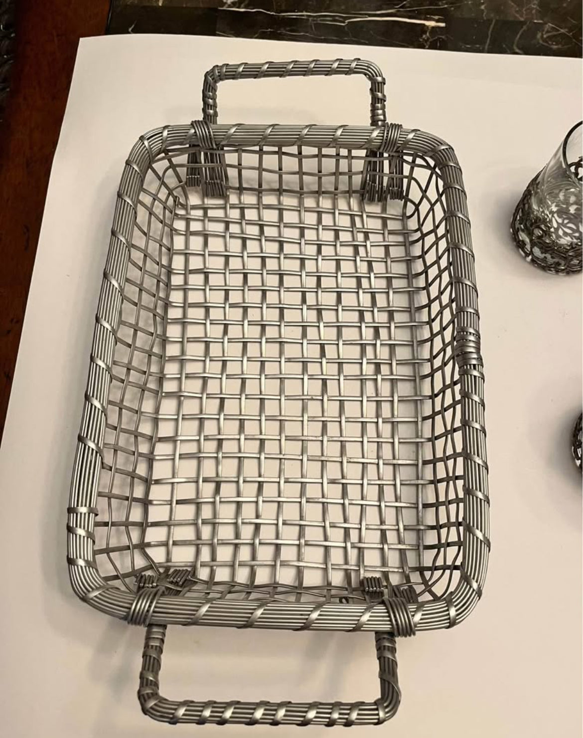 Ornate Silver-Plated Decanter Set with Matching Glasses + Bonus Mid-Century French Basket