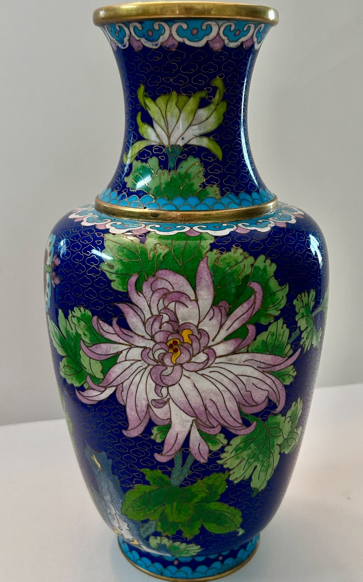 Vintage Cloisonné Over Copper Vase 12" H - Chrysanthemum & Butterfly Design