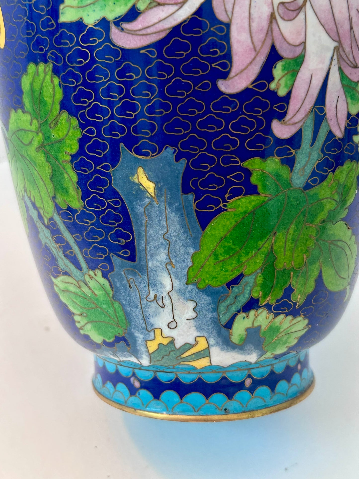 Vintage Cloisonné Over Copper Vase 12" H - Chrysanthemum & Butterfly Design