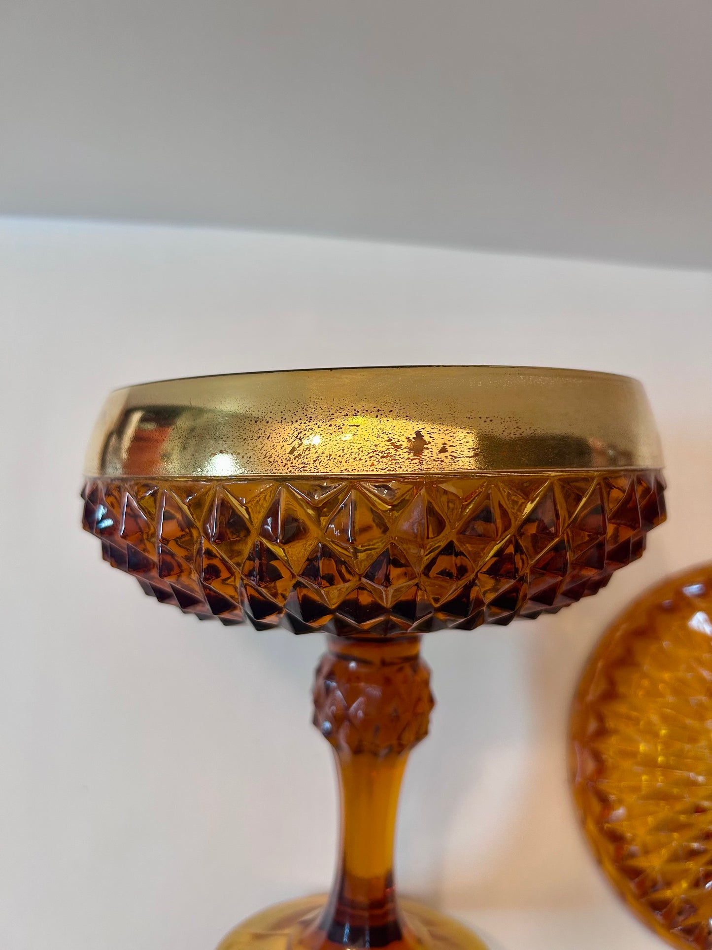 Vintage Amber Diamond Point Glass Candy Dish with Gold Trim