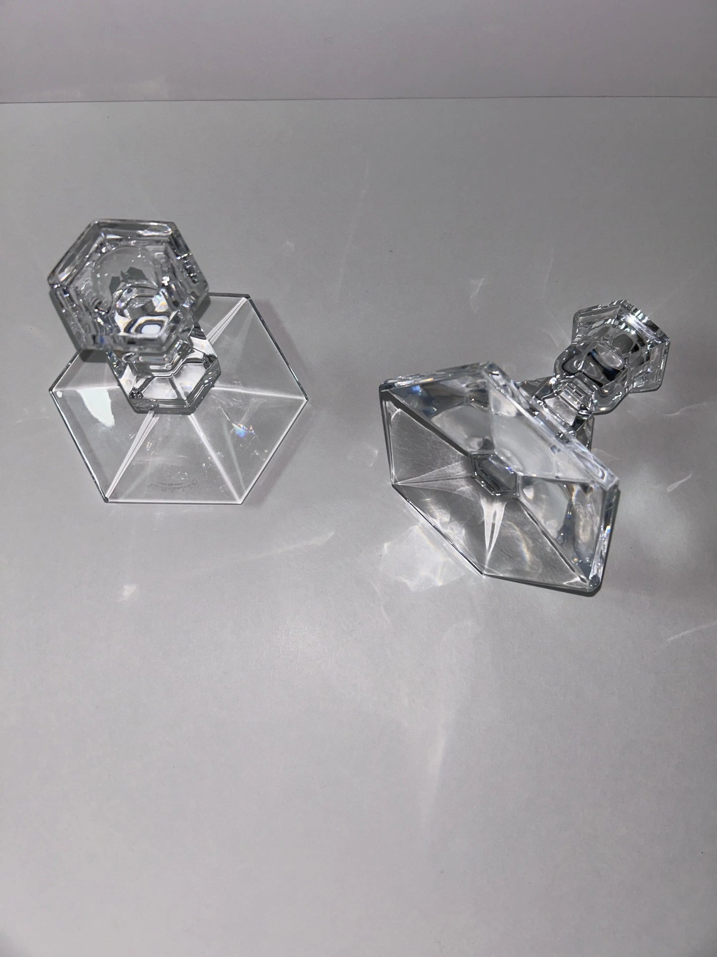 Val St. Lambert Crystal Hexagonal Candle Holders - Finest Antique
