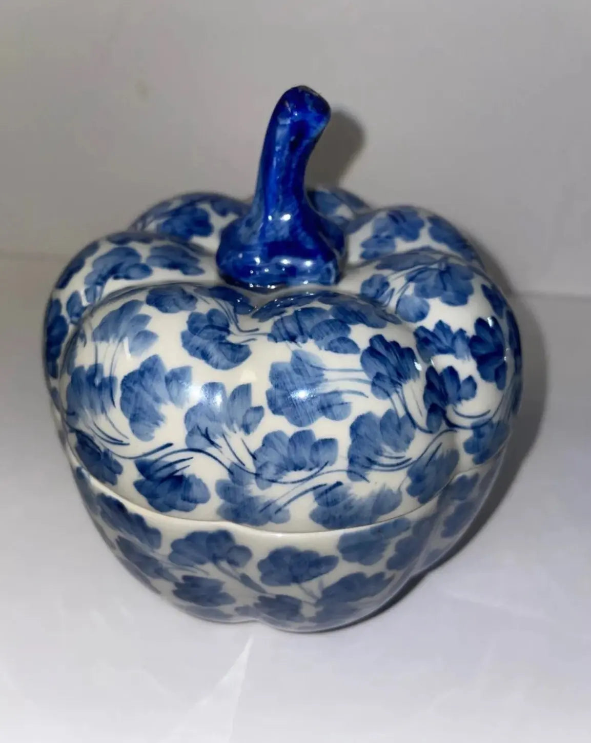 Vintage Blue and White Pumpkin Porcelain Shaped Trinket Box and Candle Holders - Finest Antique