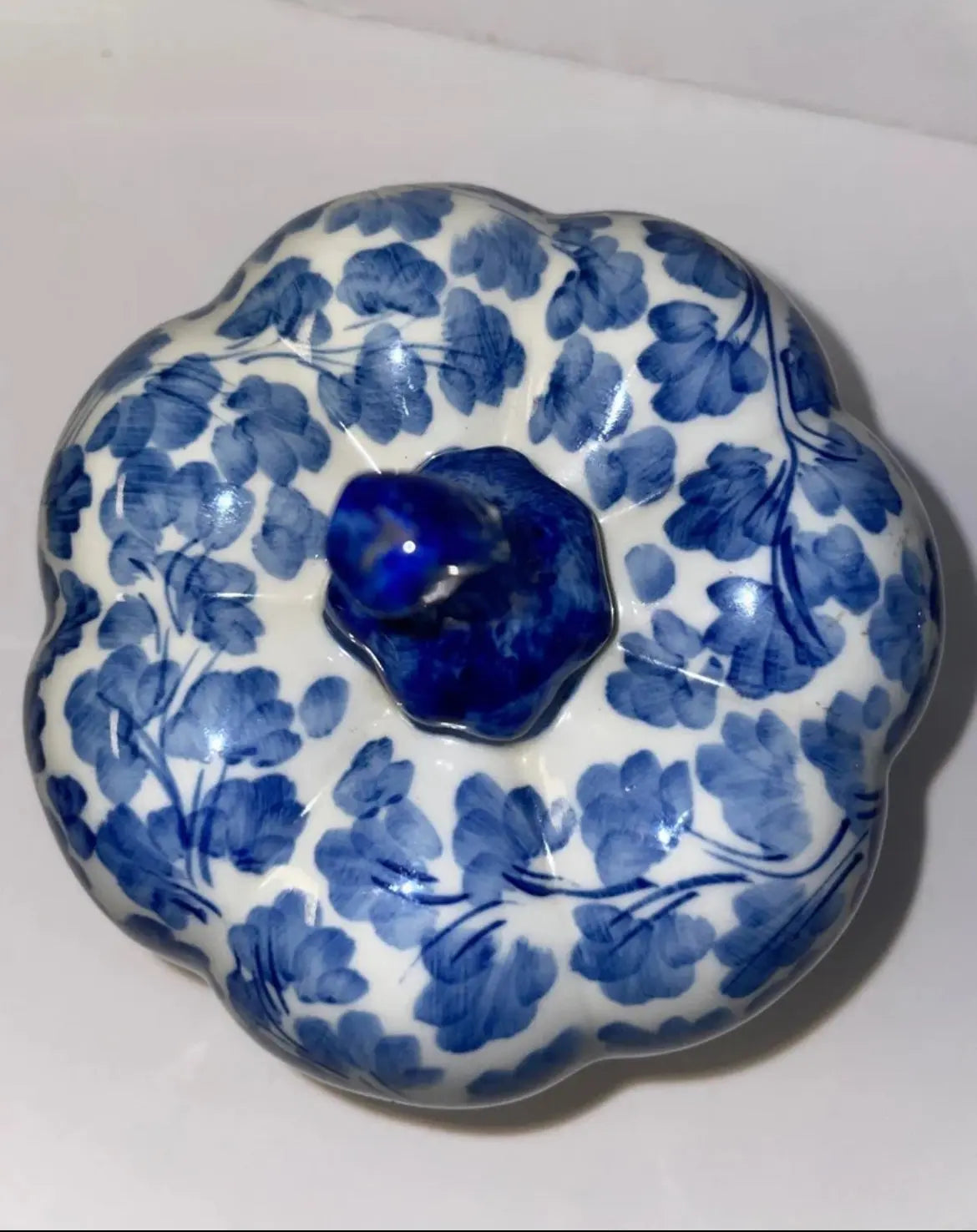 Vintage Blue and White Pumpkin Porcelain Shaped Trinket Box and Candle Holders - Finest Antique