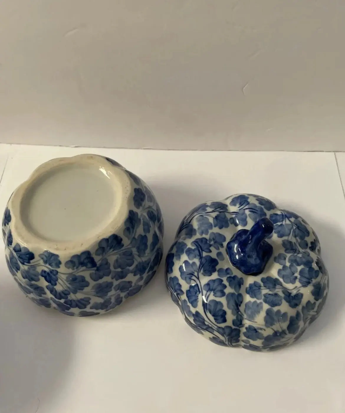 Vintage Blue and White Pumpkin Porcelain Shaped Trinket Box and Candle Holders - Finest Antique