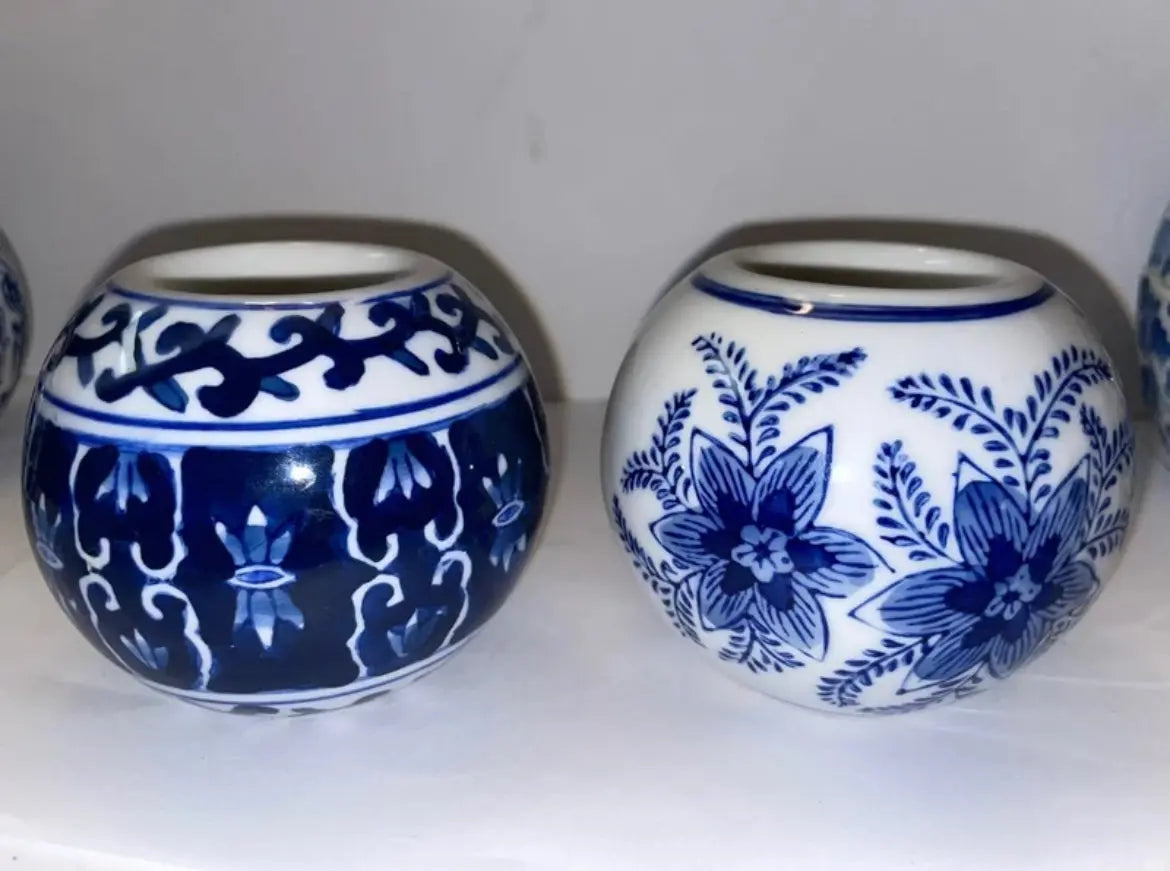 Vintage Blue and White Pumpkin Porcelain Shaped Trinket Box and Candle Holders - Finest Antique