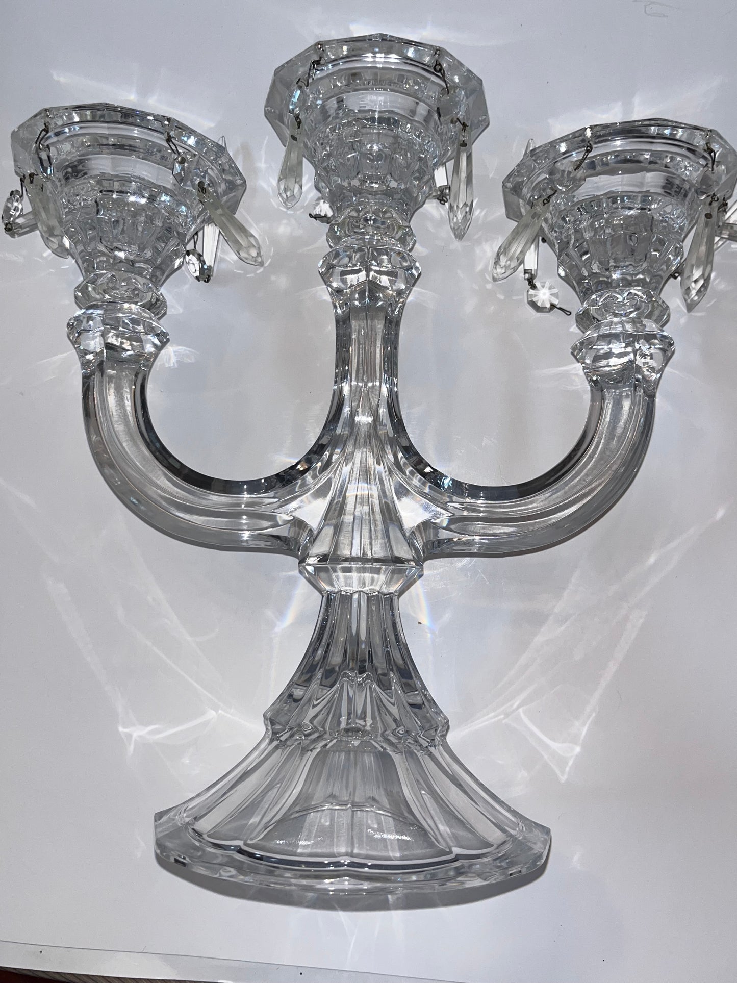 Vintage Crystal Candelabra with Hanging Crystal Prisms and Cut Crystal Detailing - Finest Antique