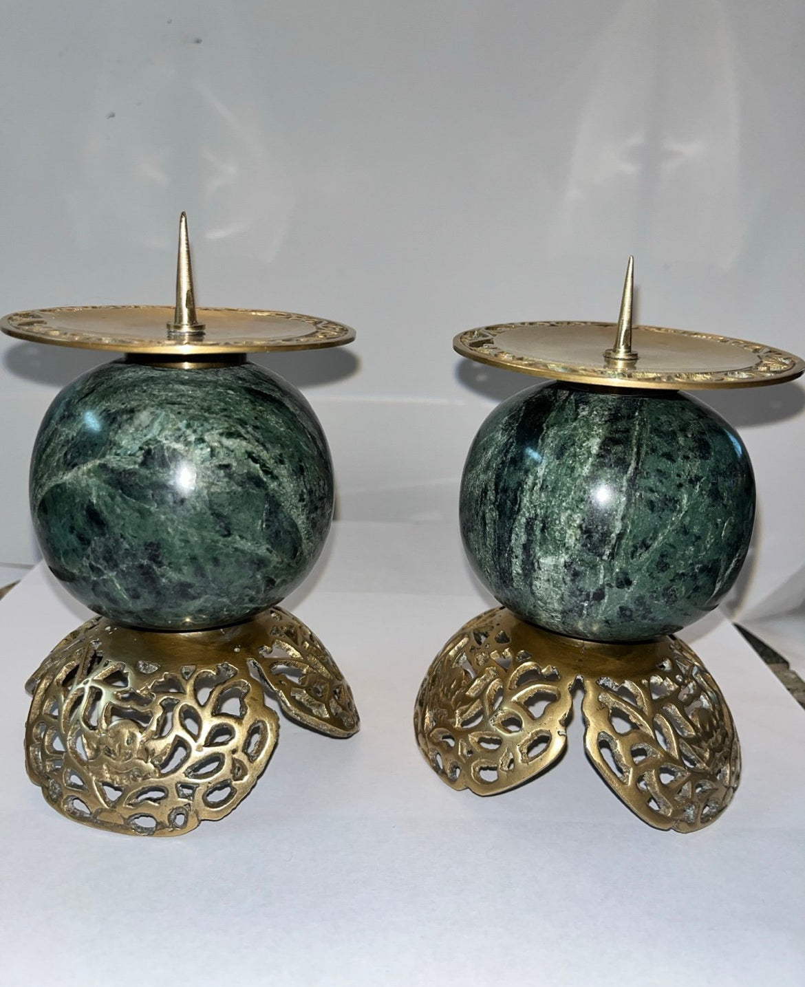 Vintage Dark Green Marble and Bronze Filigree Candle Holders - Finest Antique