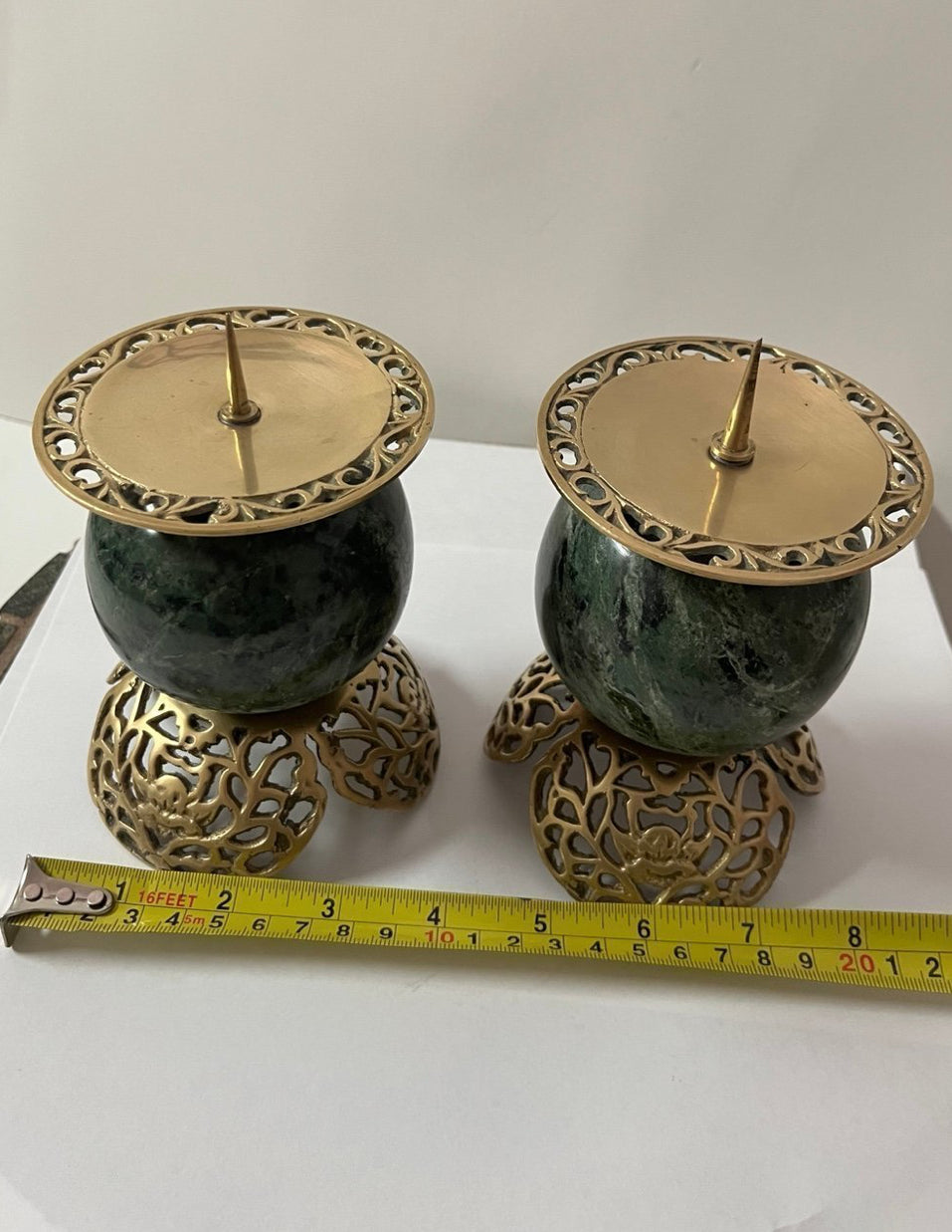 Vintage Dark Green Marble and Bronze Filigree Candle Holders - Finest Antique