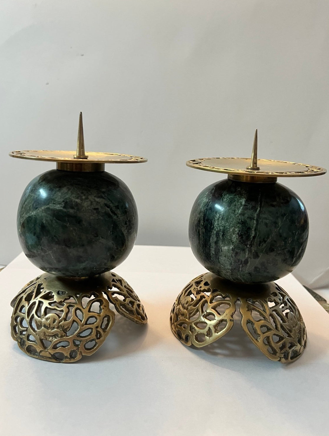Vintage Dark Green Marble and Bronze Filigree Candle Holders - Finest Antique
