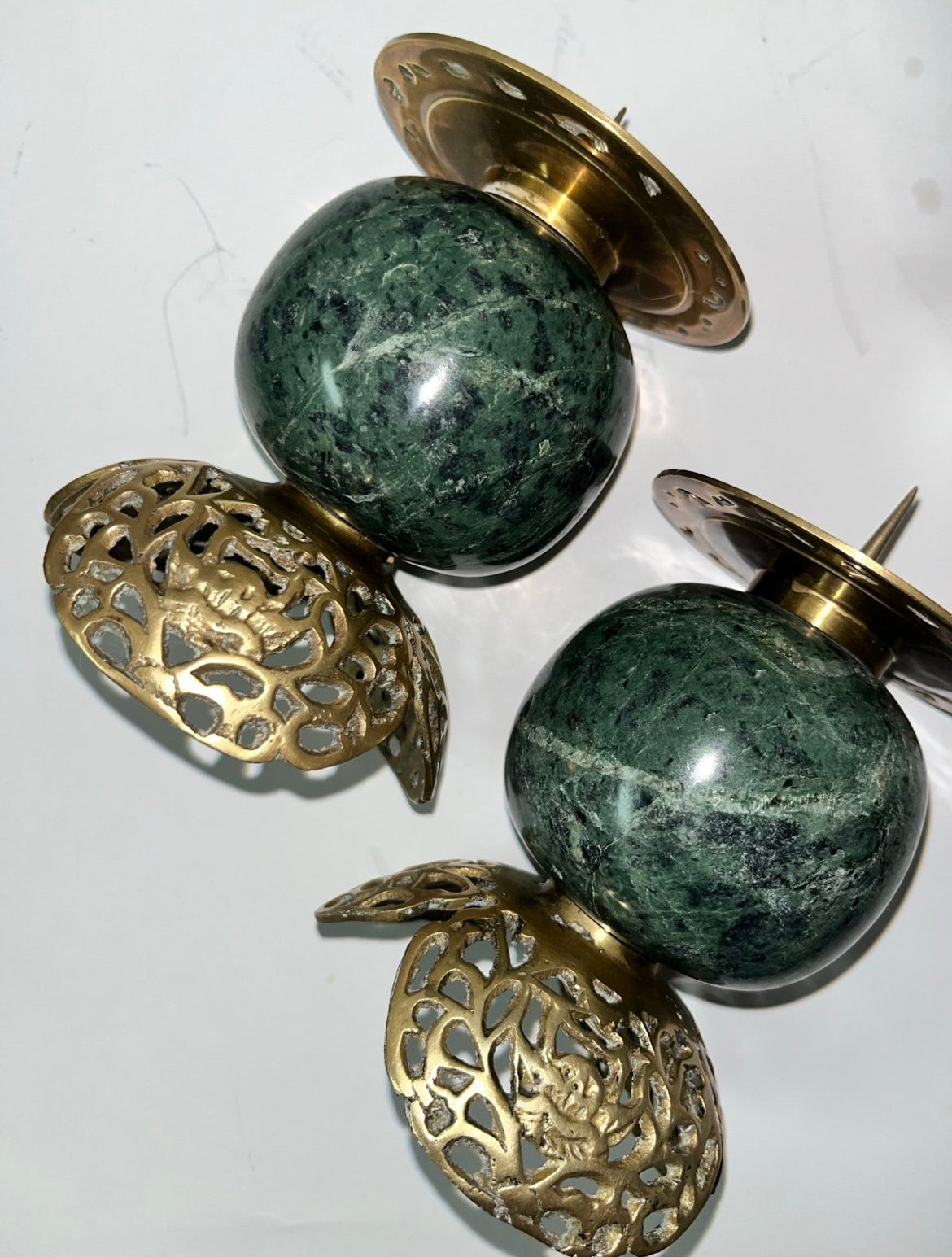 Vintage Dark Green Marble and Bronze Filigree Candle Holders - Finest Antique