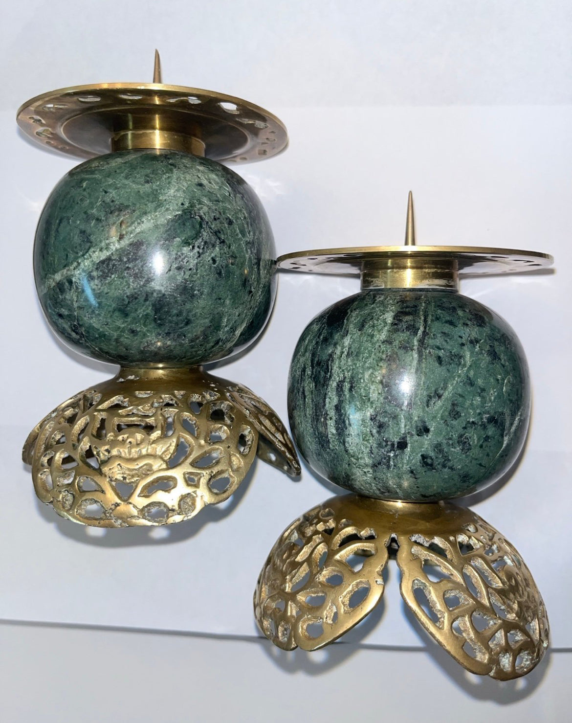 Vintage Dark Green Marble and Bronze Filigree Candle Holders - Finest Antique