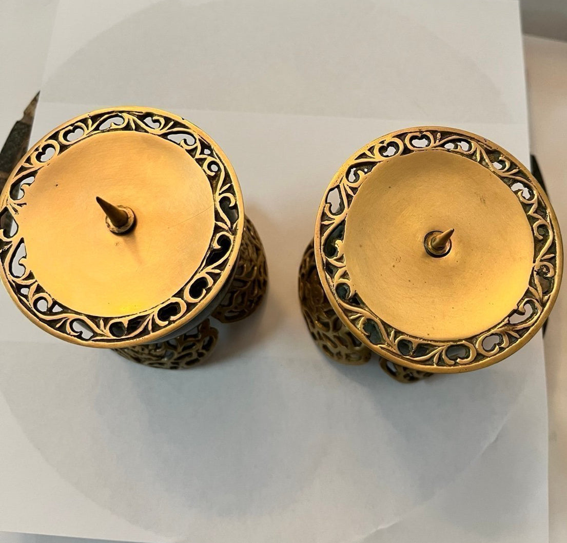 Vintage Dark Green Marble and Bronze Filigree Candle Holders - Finest Antique