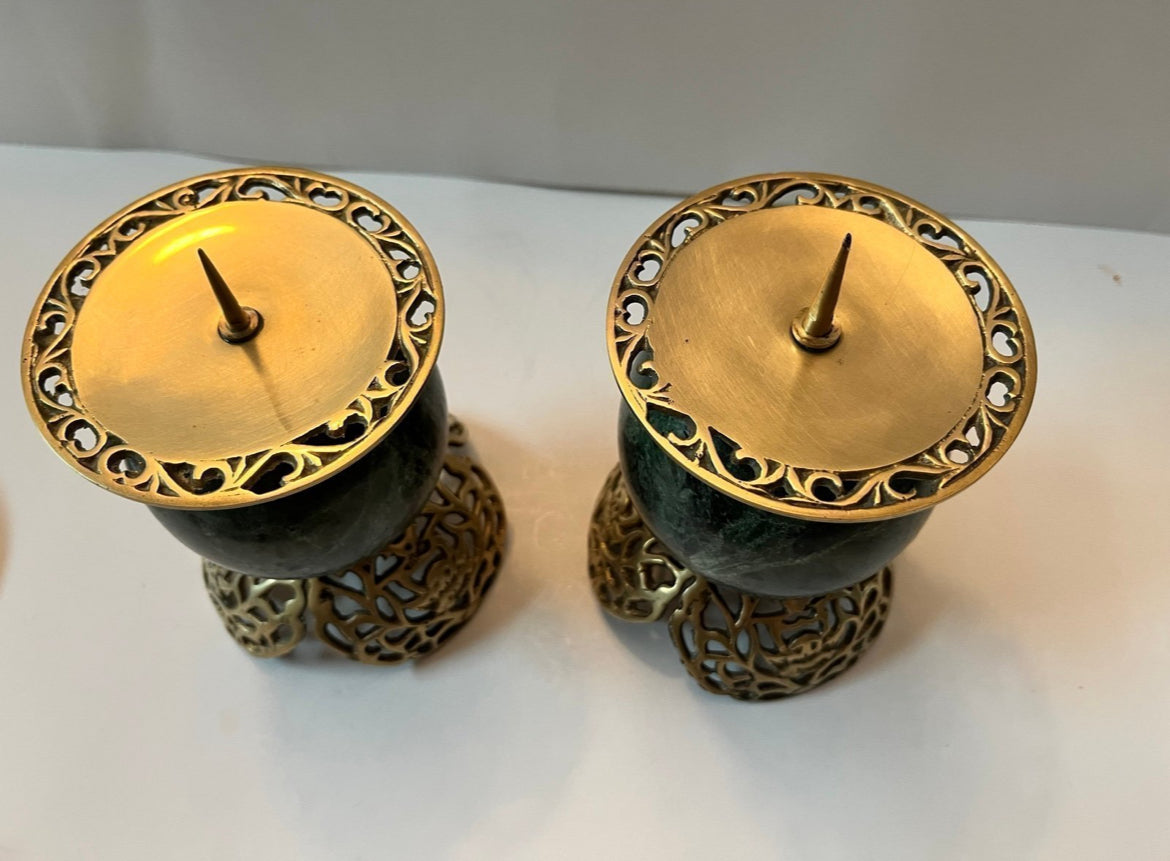 Vintage Dark Green Marble and Bronze Filigree Candle Holders - Finest Antique