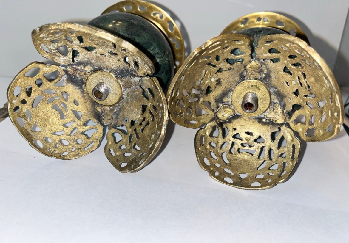 Vintage Dark Green Marble and Bronze Filigree Candle Holders - Finest Antique