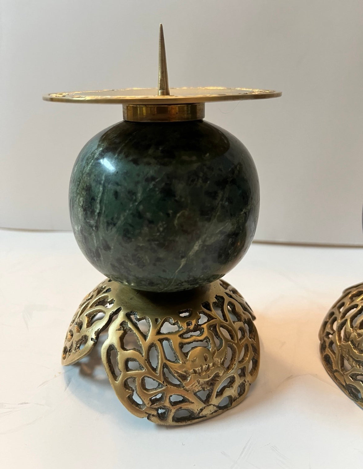 Vintage Dark Green Marble and Bronze Filigree Candle Holders - Finest Antique